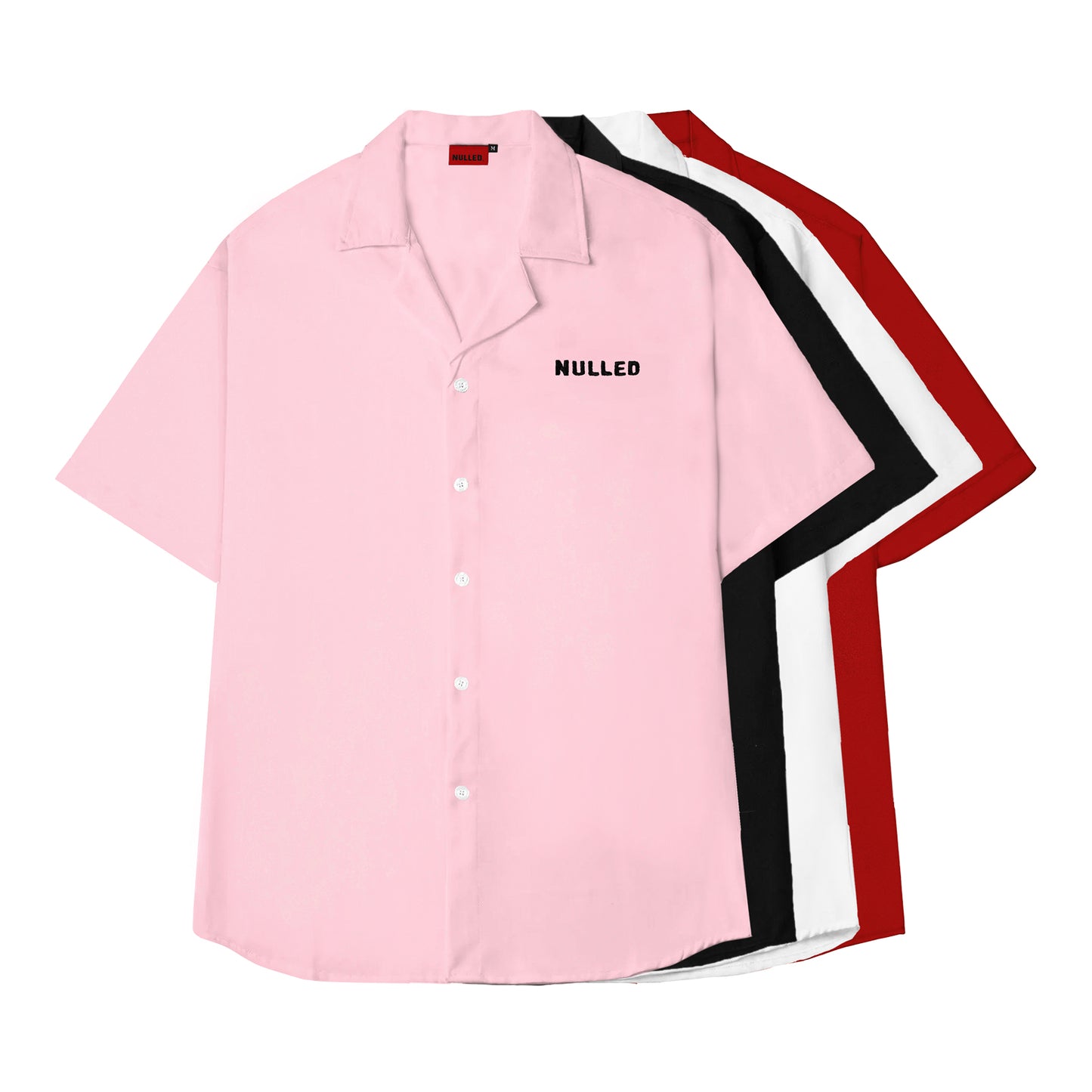 Pink shirt with 'NULLED' text on a white background
