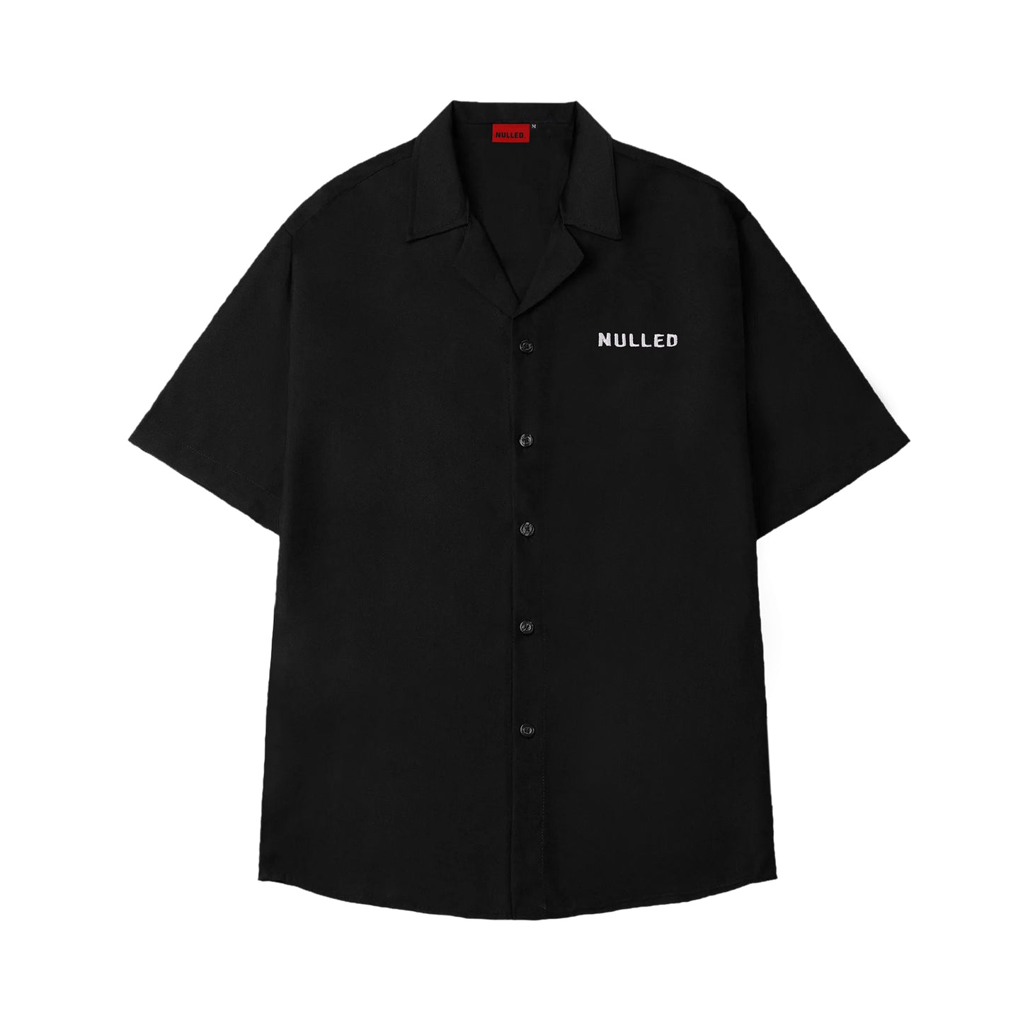 Black shirt with 'NULLED' logo on a white background