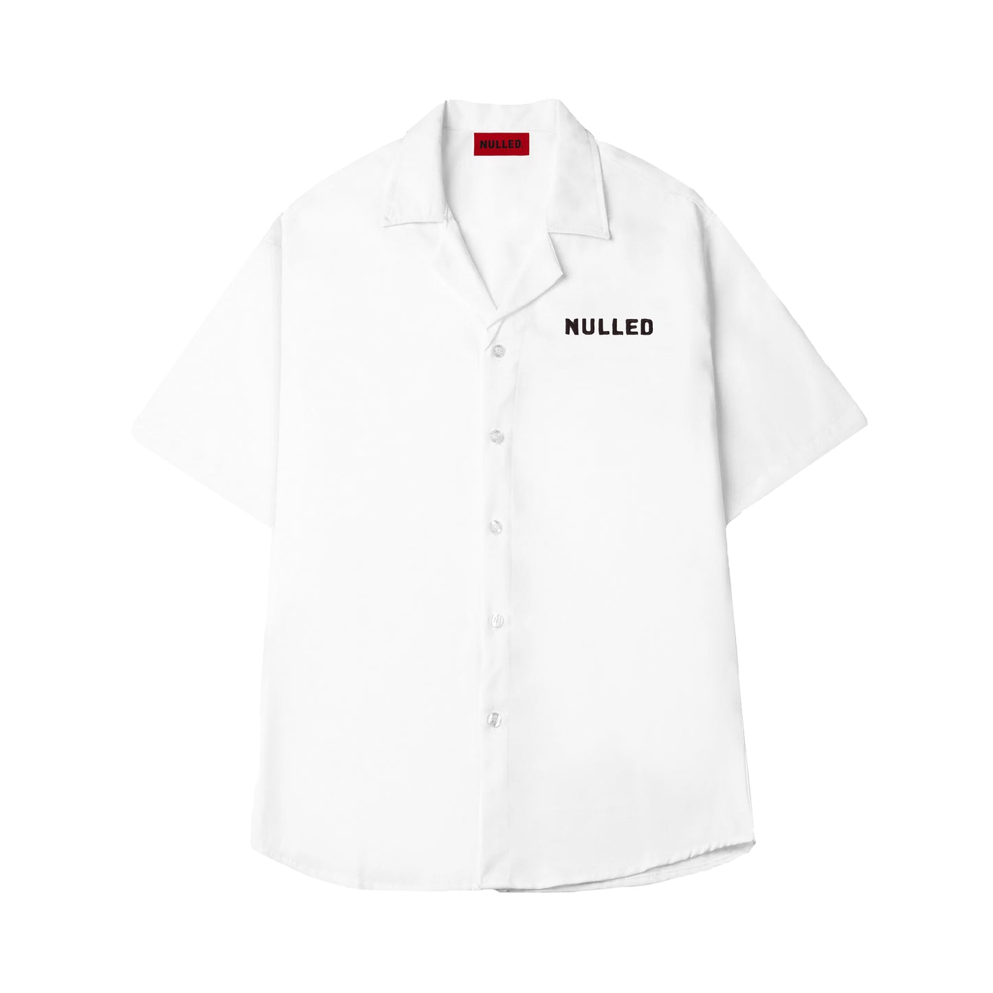 White shirt with 'NULLED' text on a white background