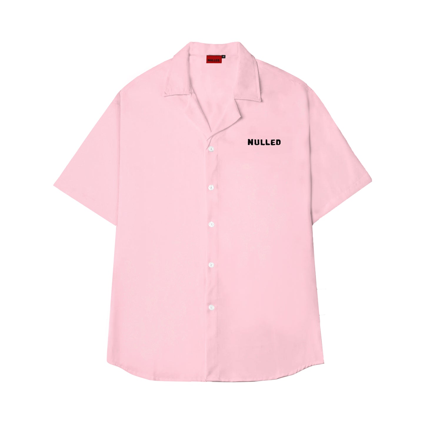 Pink shirt with 'NULLED' text on a white background