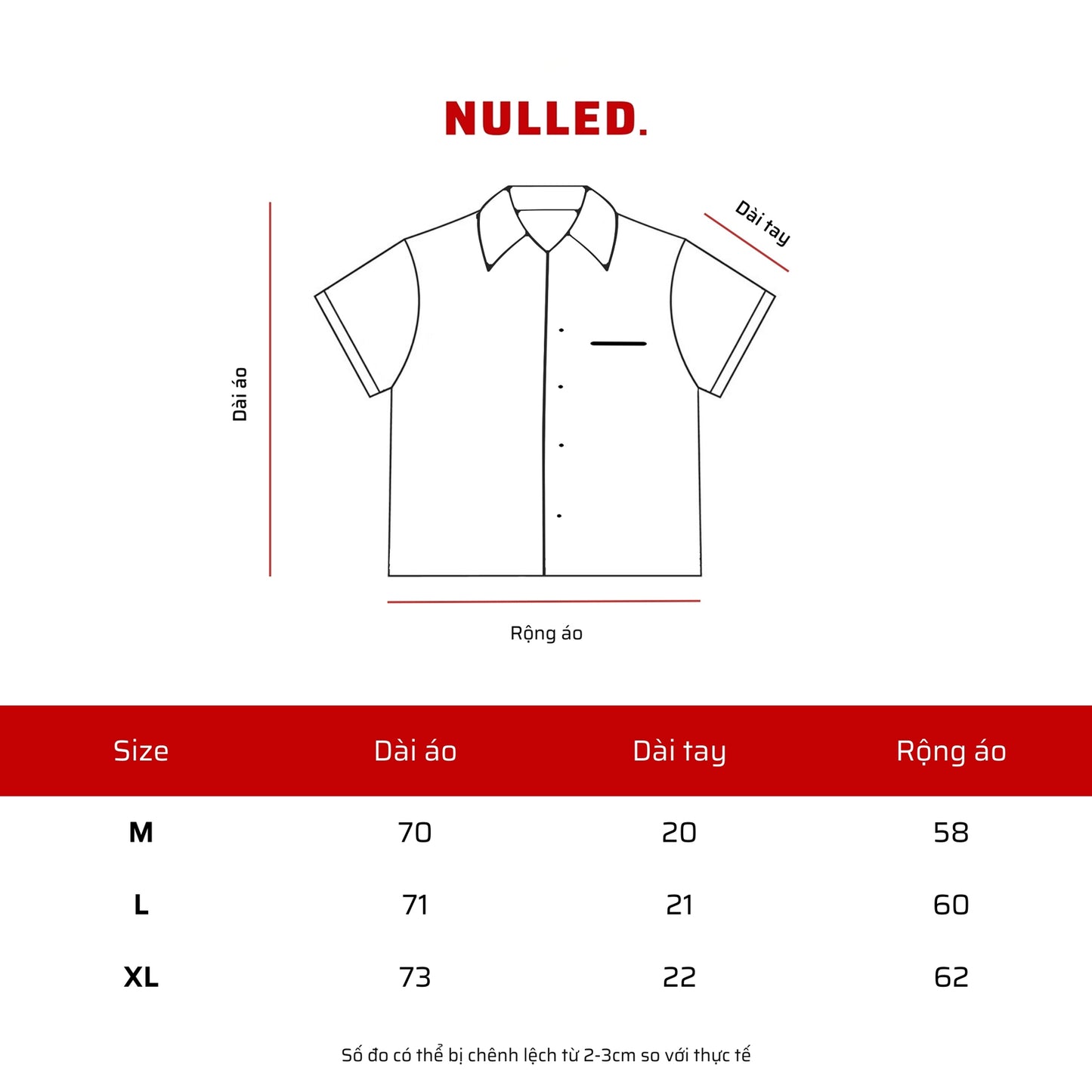 Measurement chart for a shirt with dimensions in centimeters, featuring the brand 'NULLED.'
