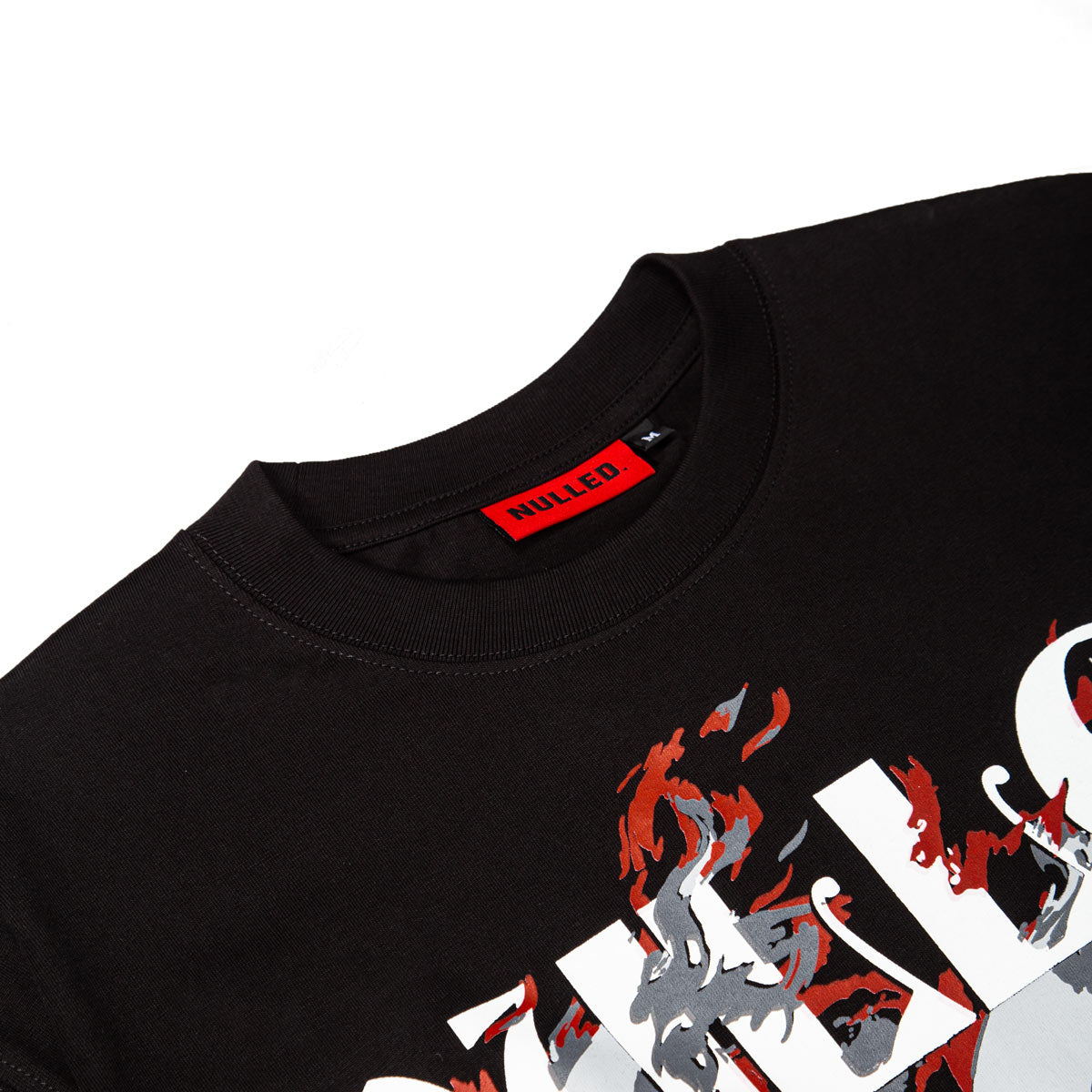 Black t-shirt with red and white graphic design on a white background