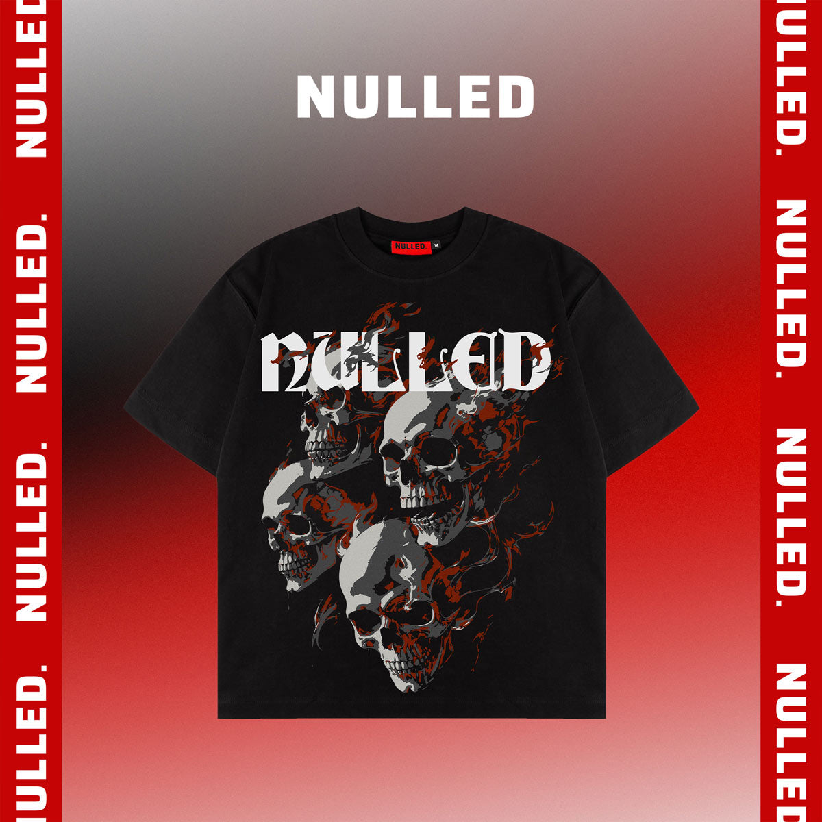 Black t-shirt with skull design and 'NULLED' text on a red and gray gradient background.