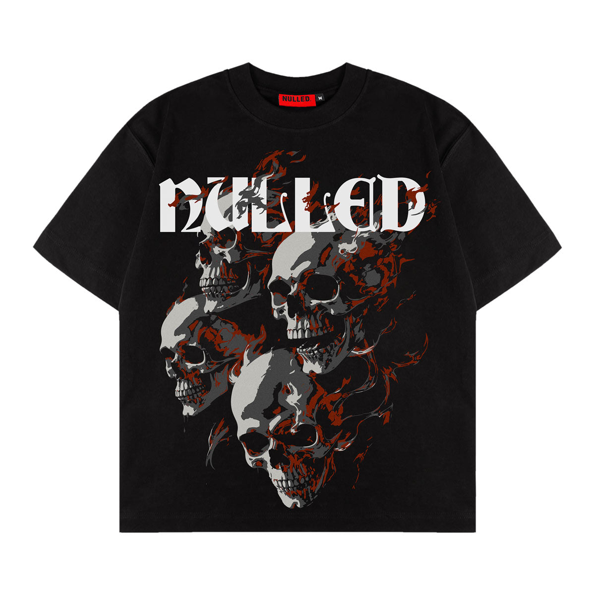 Black t-shirt with skull design and 'Dulled' text on a white background