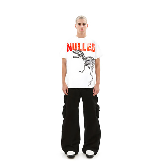 Person wearing a white t-shirt with red text and black pants on a white background