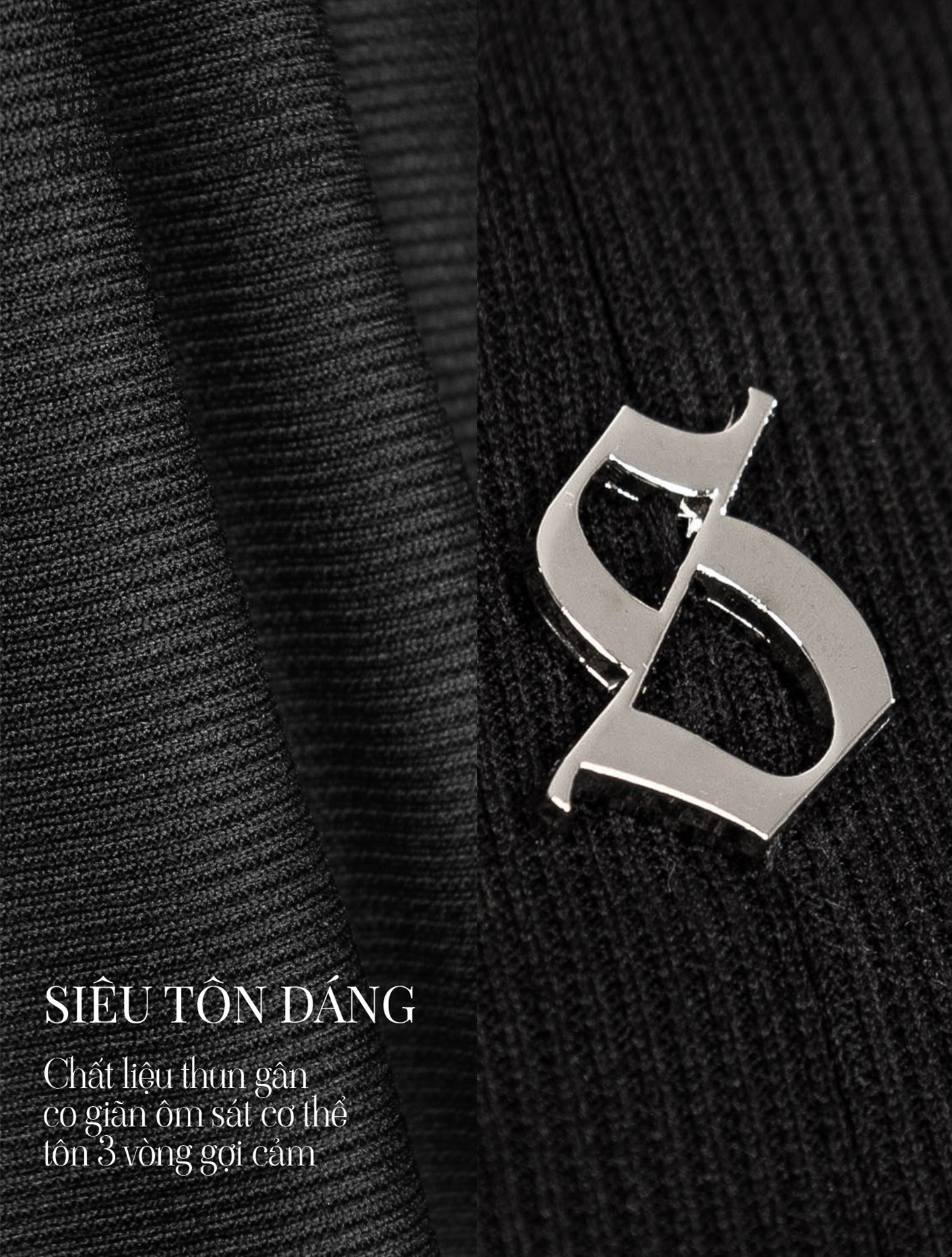 Silver brooch on a black textured background with text overlay