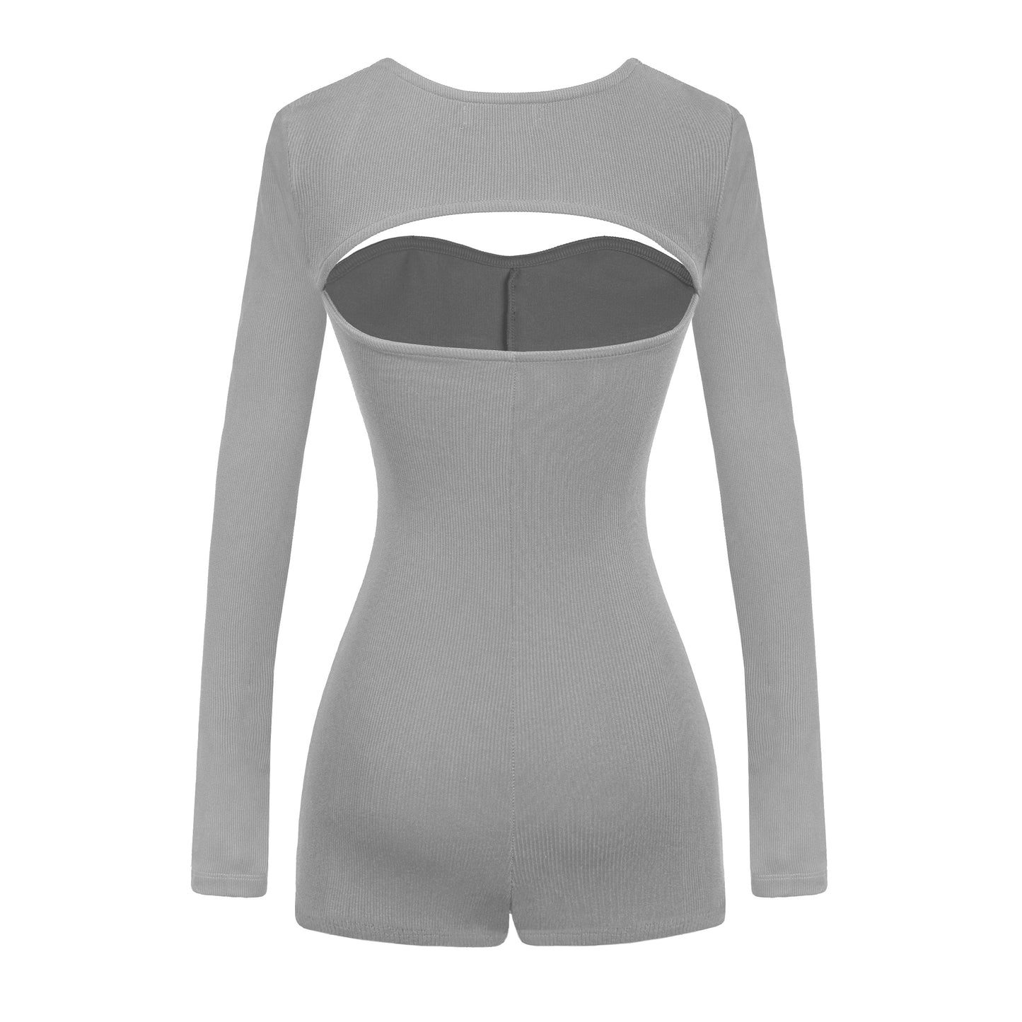 Gray bodysuit with cut-out design on a white background