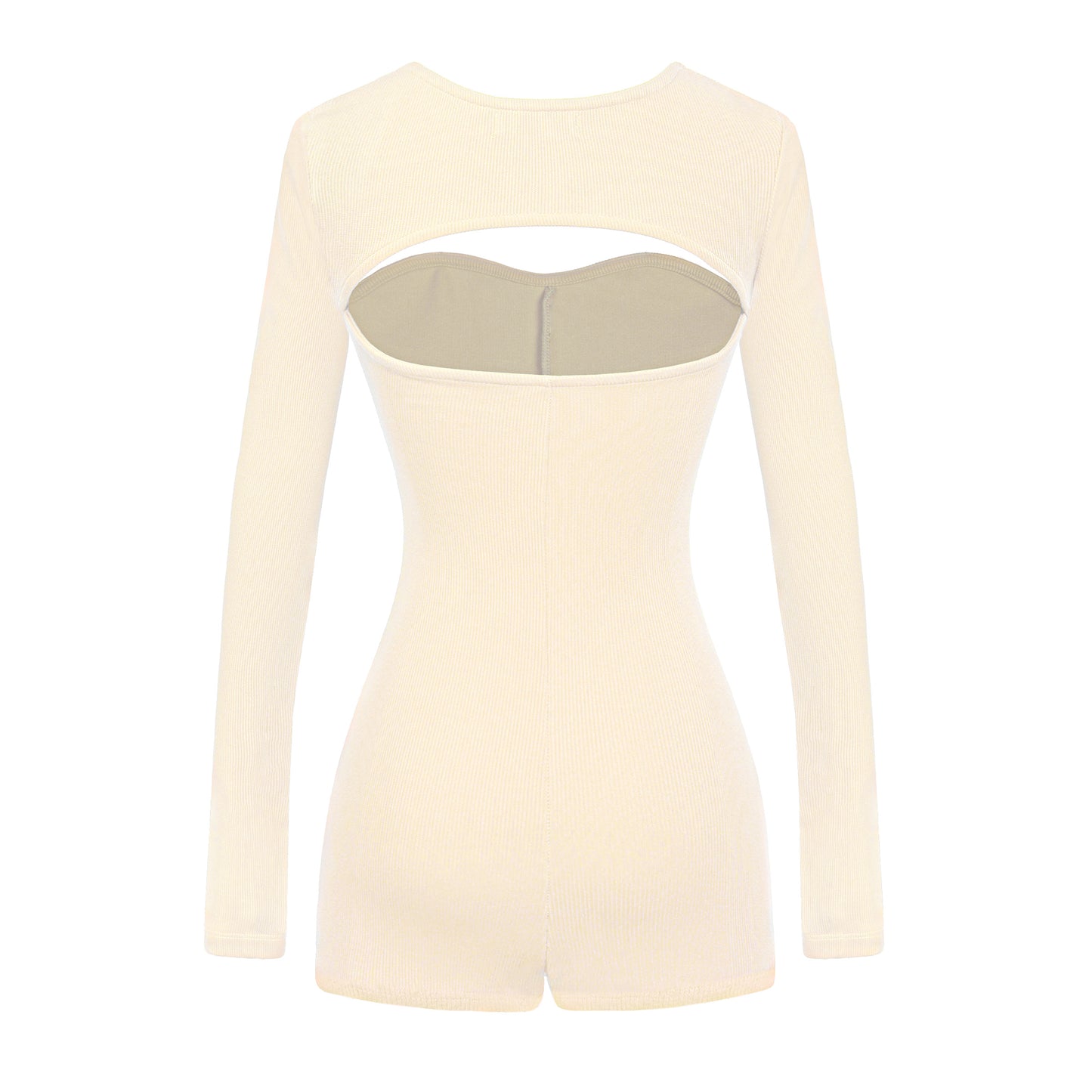 Beige long-sleeve top with cut-out design on a white background