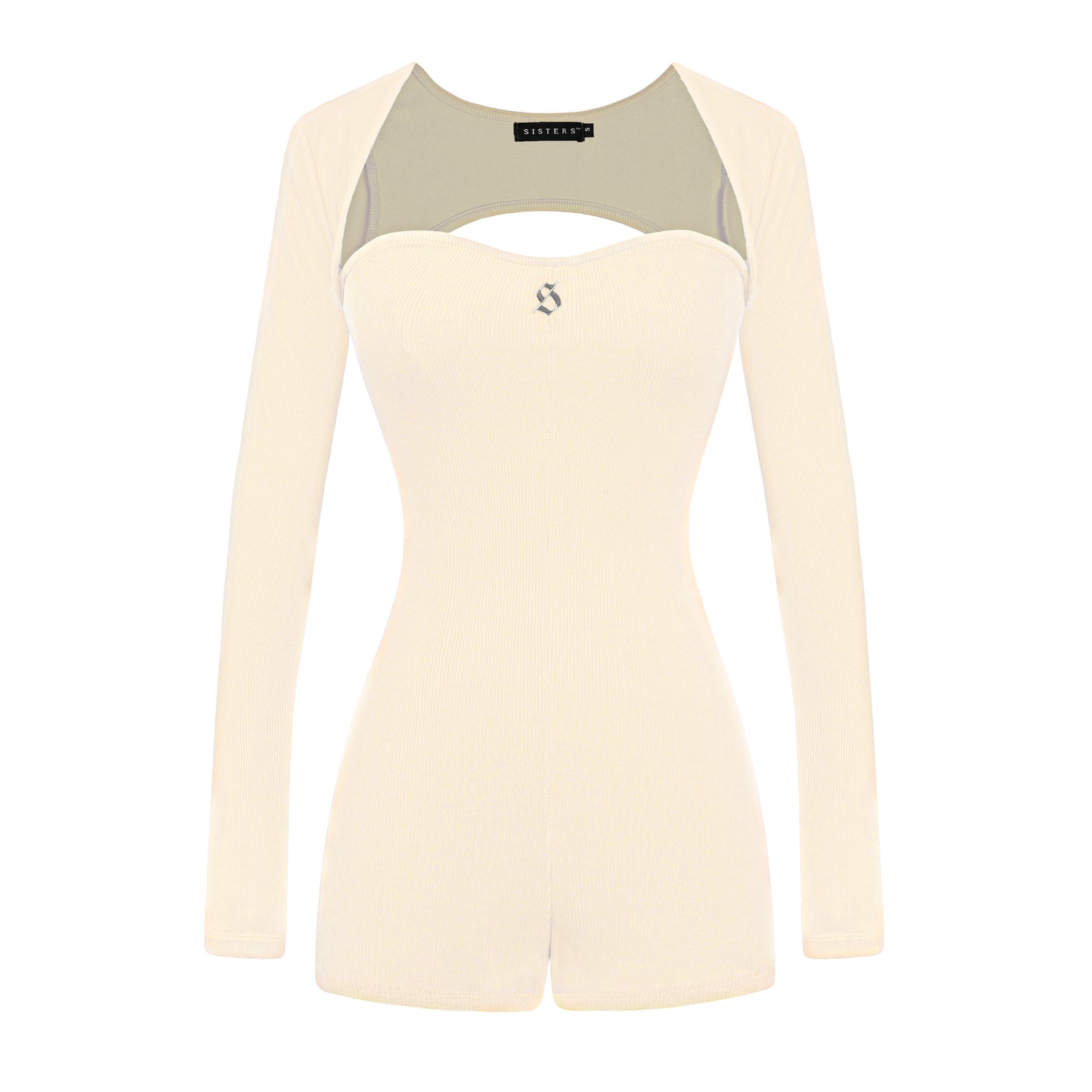 Beige long-sleeve top with a logo on a white background