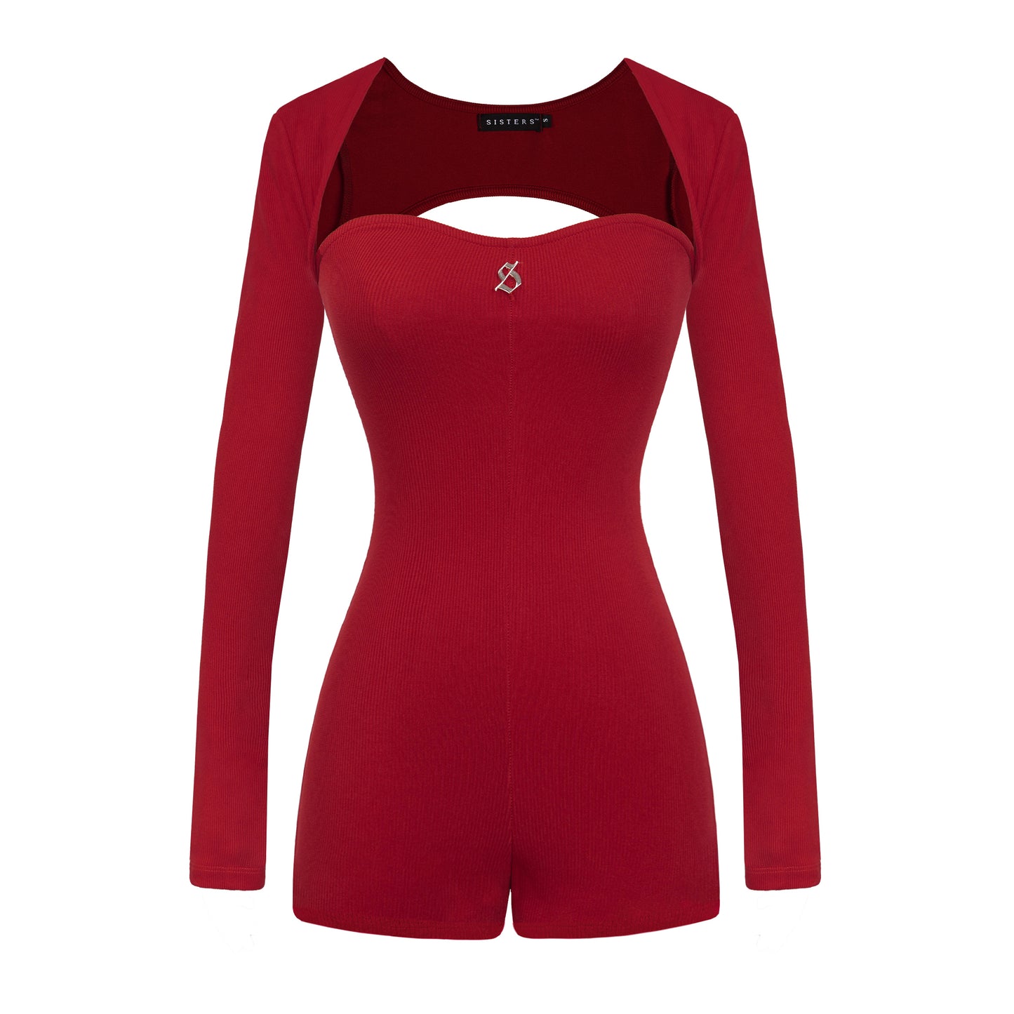 Red romper with long sleeves on a white background