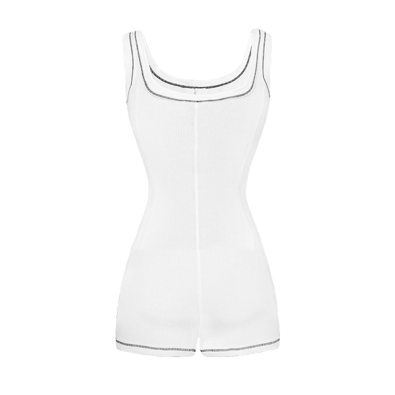 White tank top with black trim on a white background