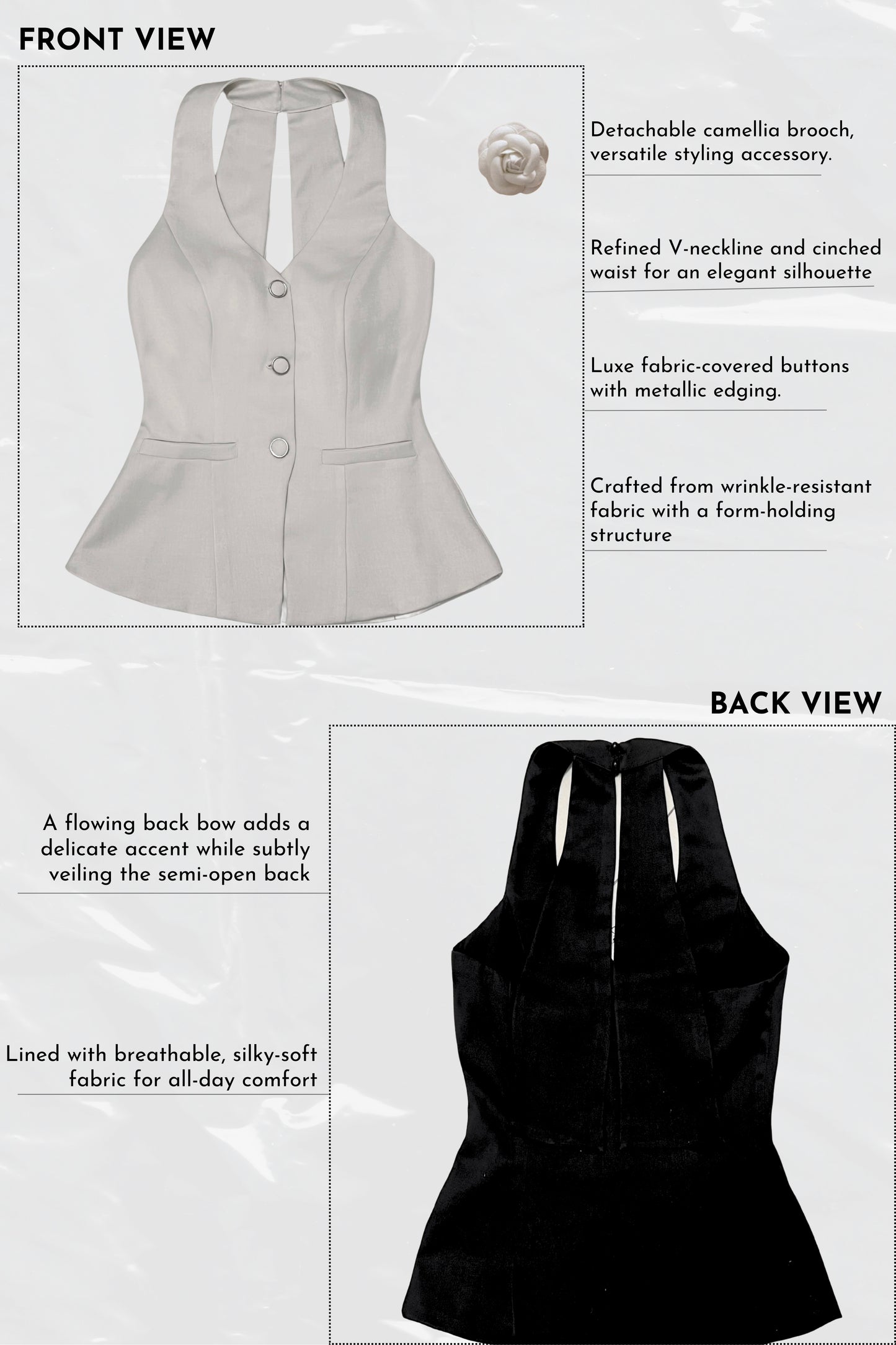Product description of a sleeveless top with details on front and back views.
