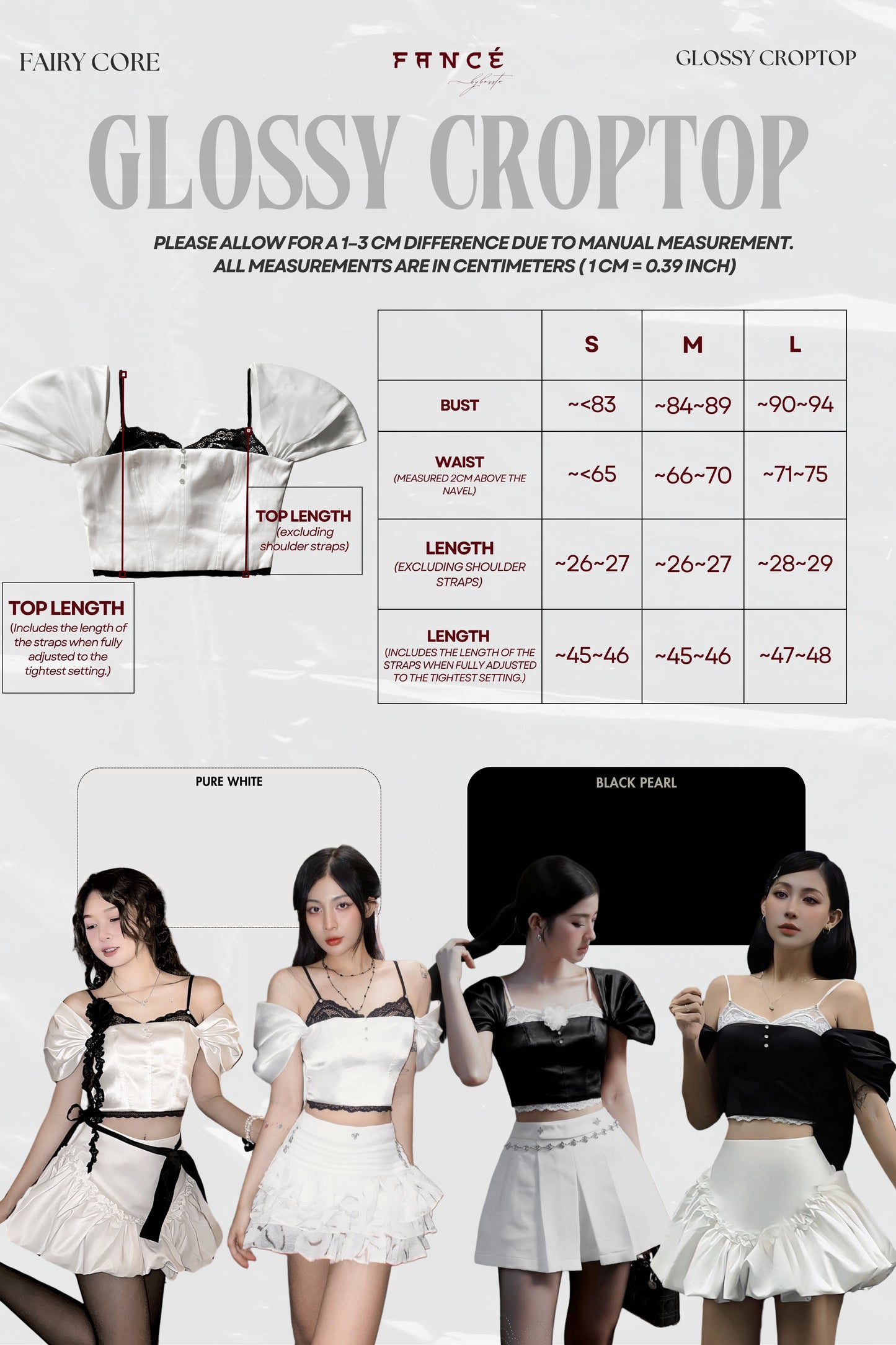 Measurement chart for a glossy croptop with model images and size guide.