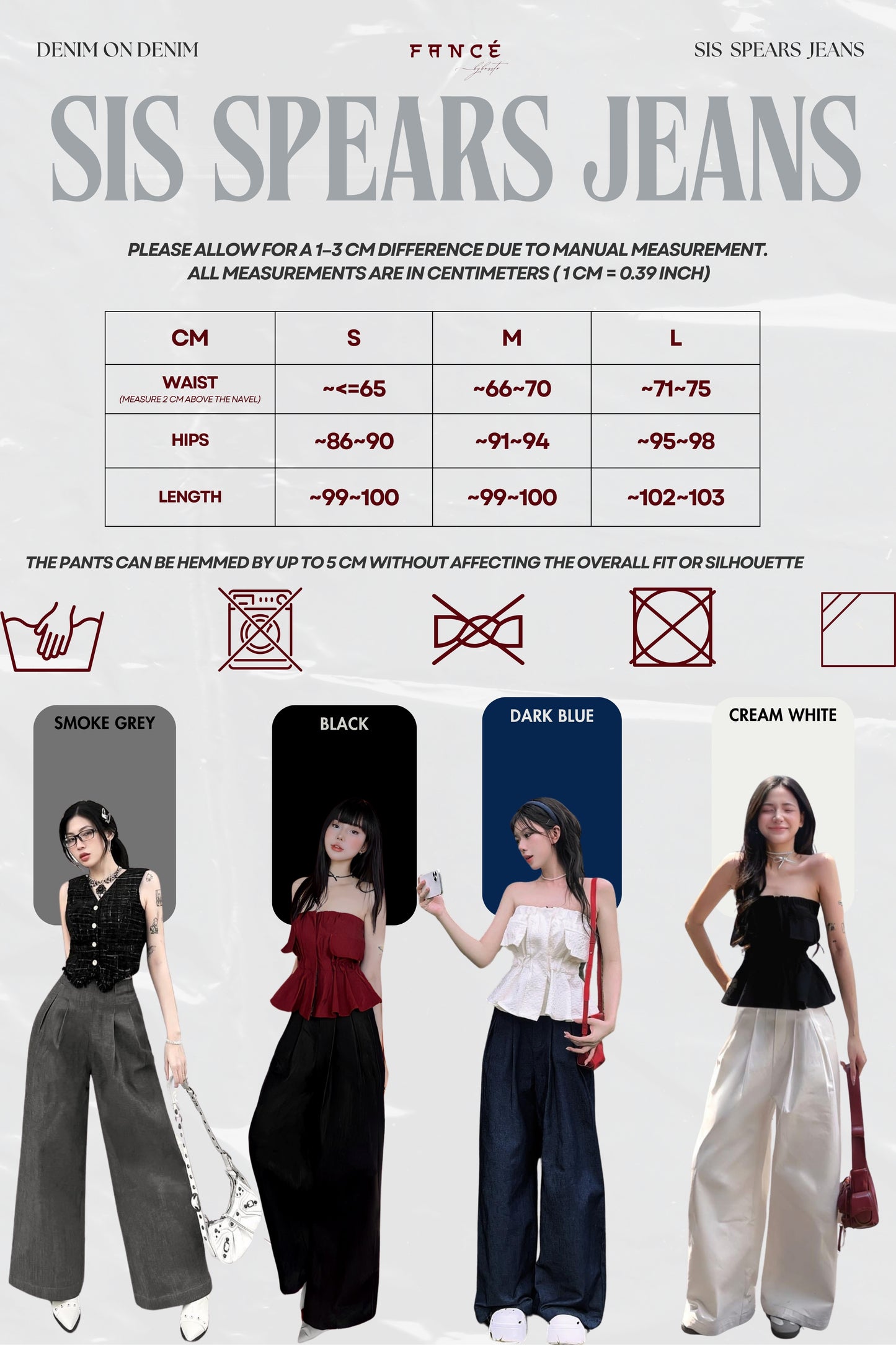 Sis Spears Jeans size chart with models wearing jeans in various colors.