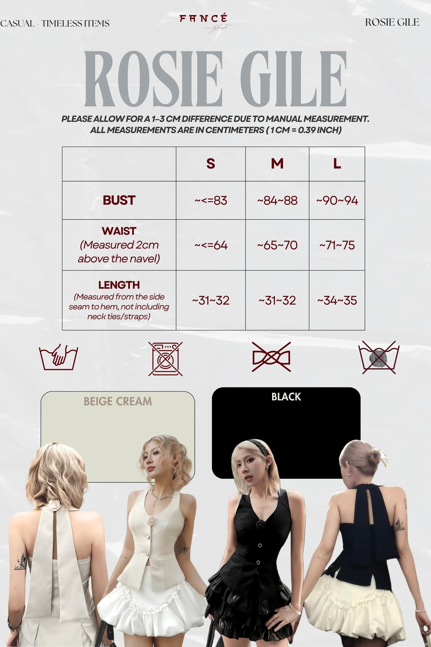 Rosie Gile clothing size chart with models wearing different outfits.
