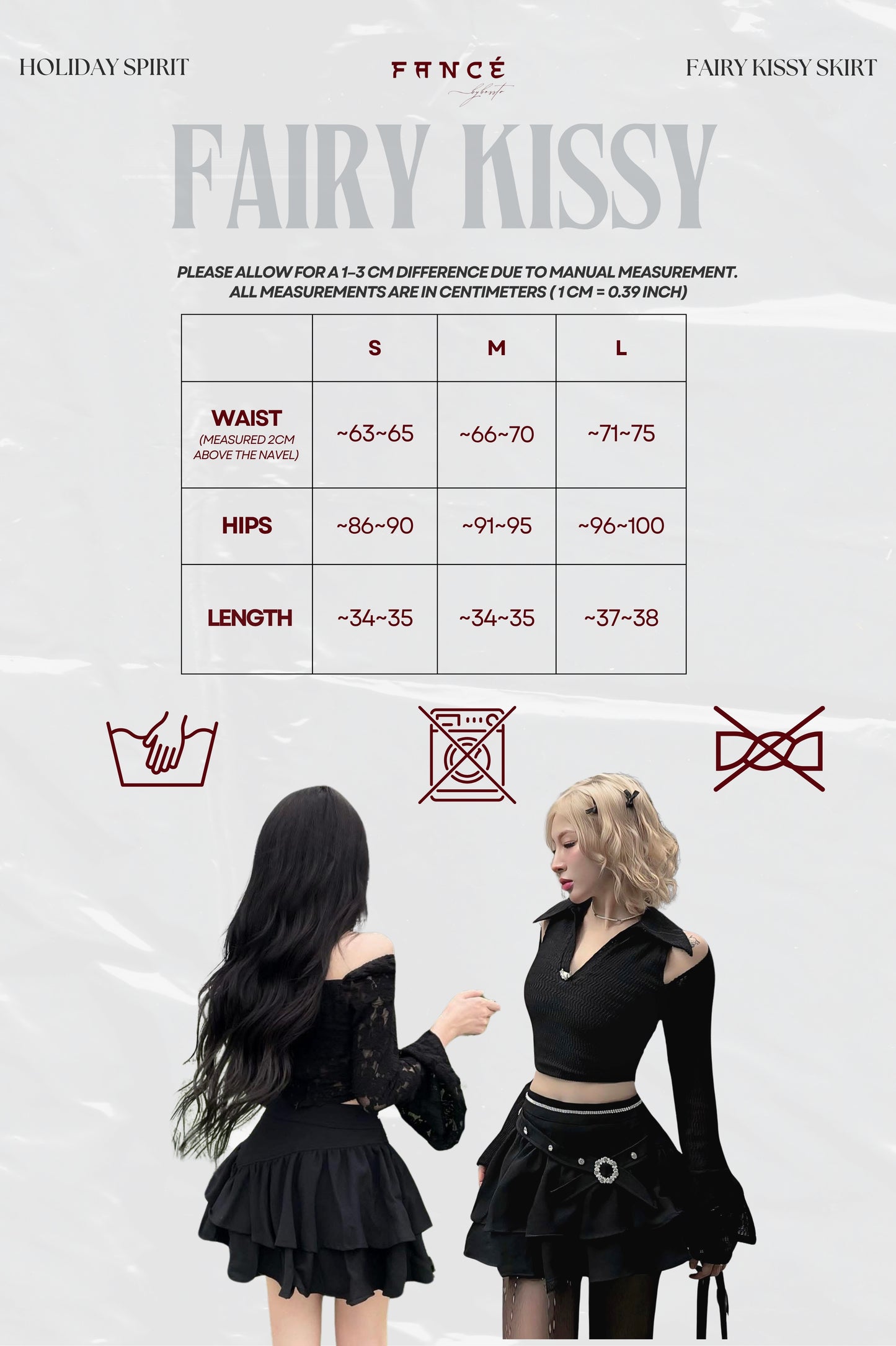 Fancé Fairy Kissy skirt size chart with two models wearing the skirt.