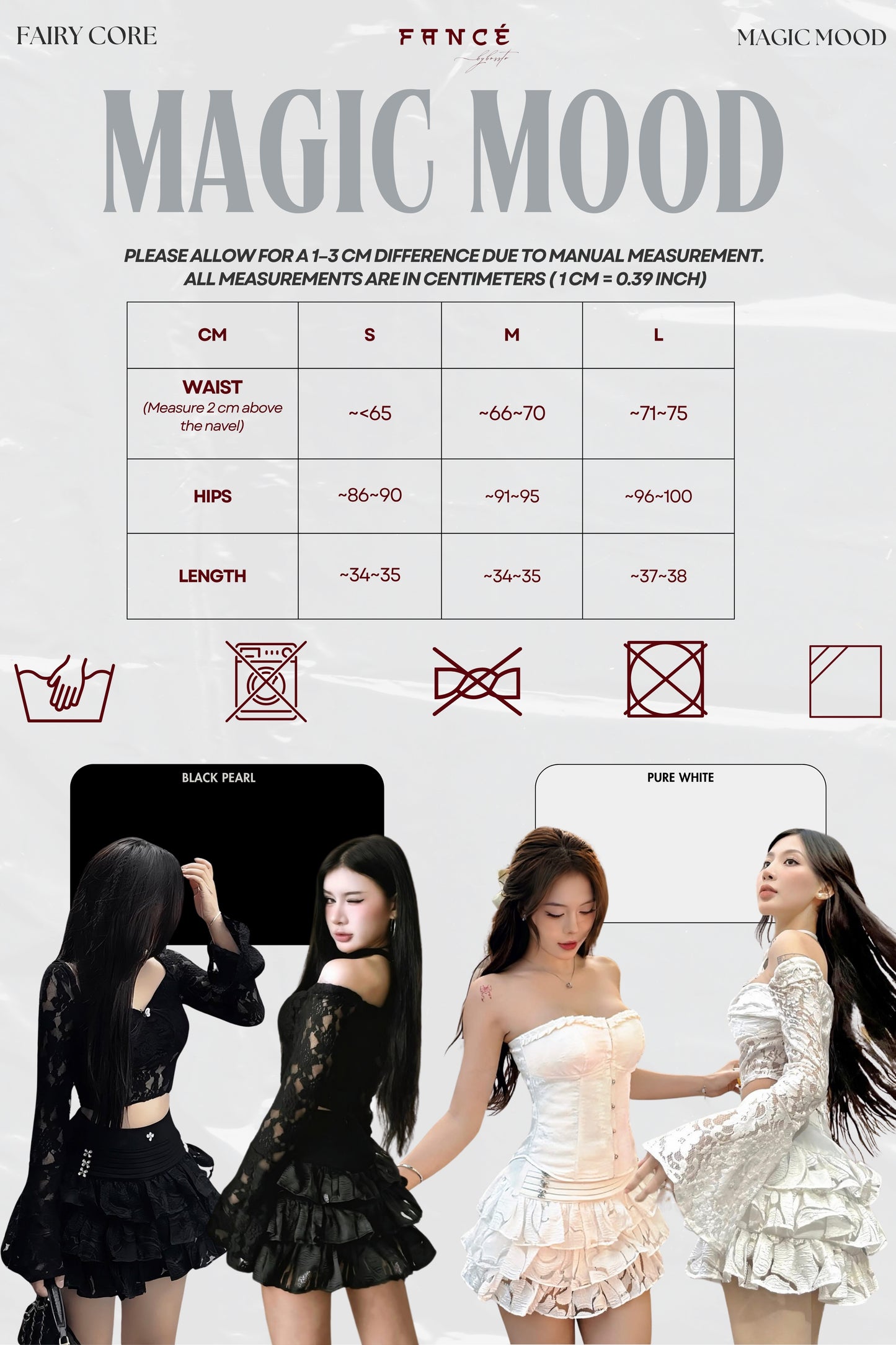 Measurement chart for dresses with models wearing different styles of dresses.
