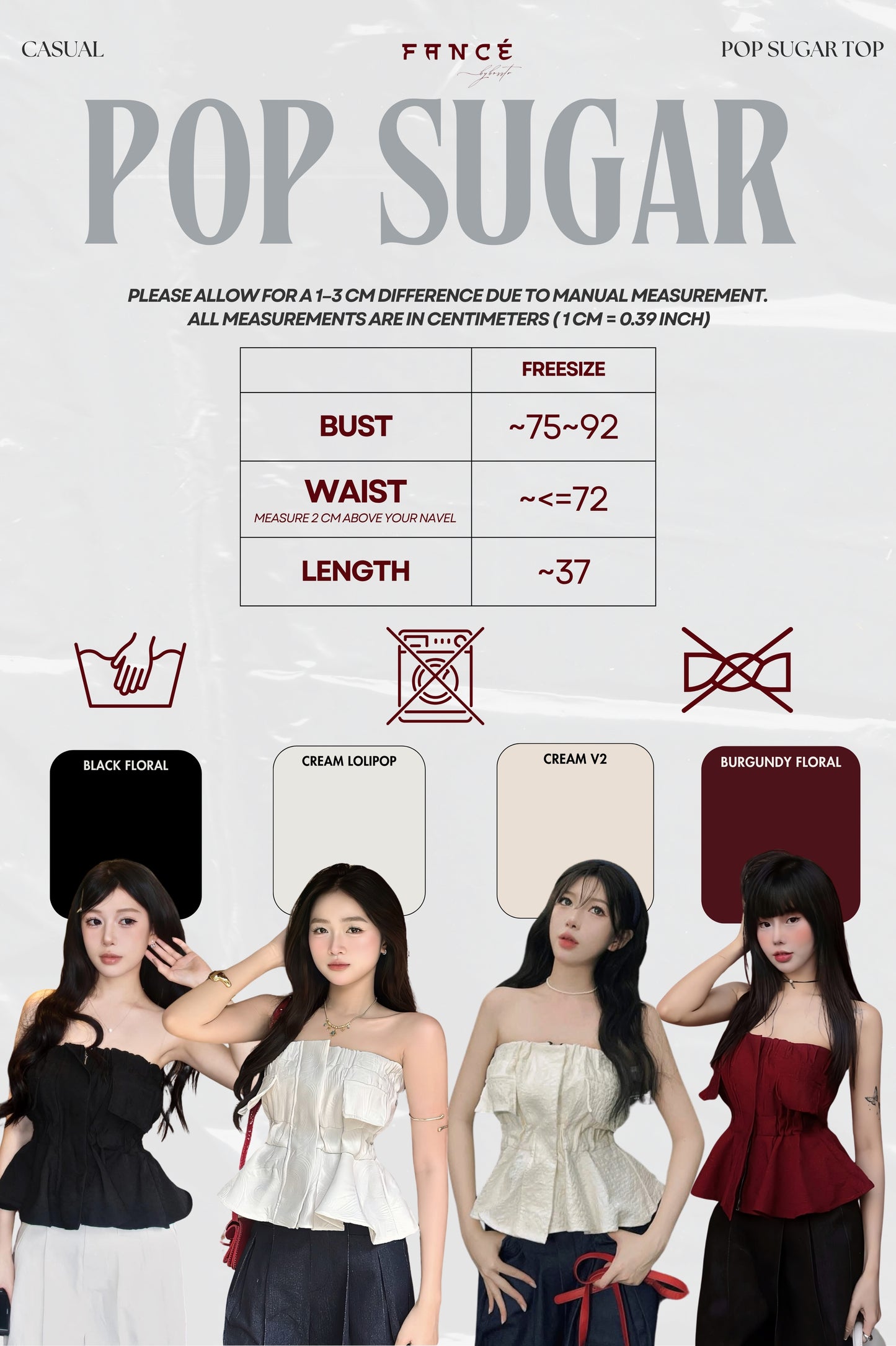 Pop Sugar fashion guide with measurements and model wearing tops.