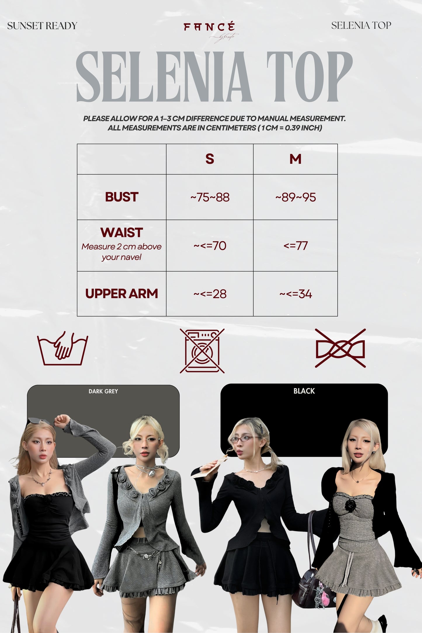 Size chart and fashion model display for 'Selenia Top' with measurements and color options.