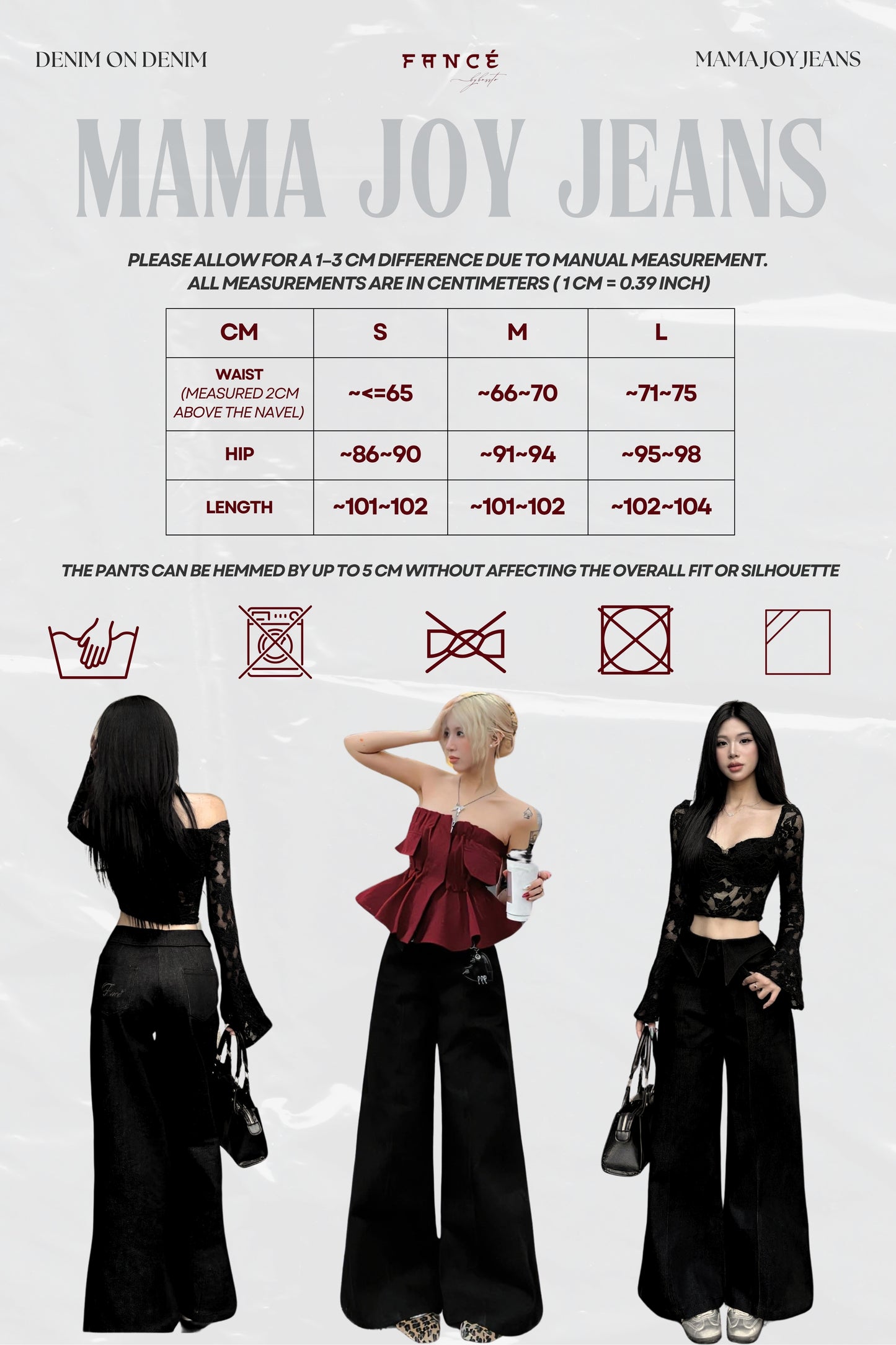 Mama Joy Jeans size chart with models wearing the jeans.