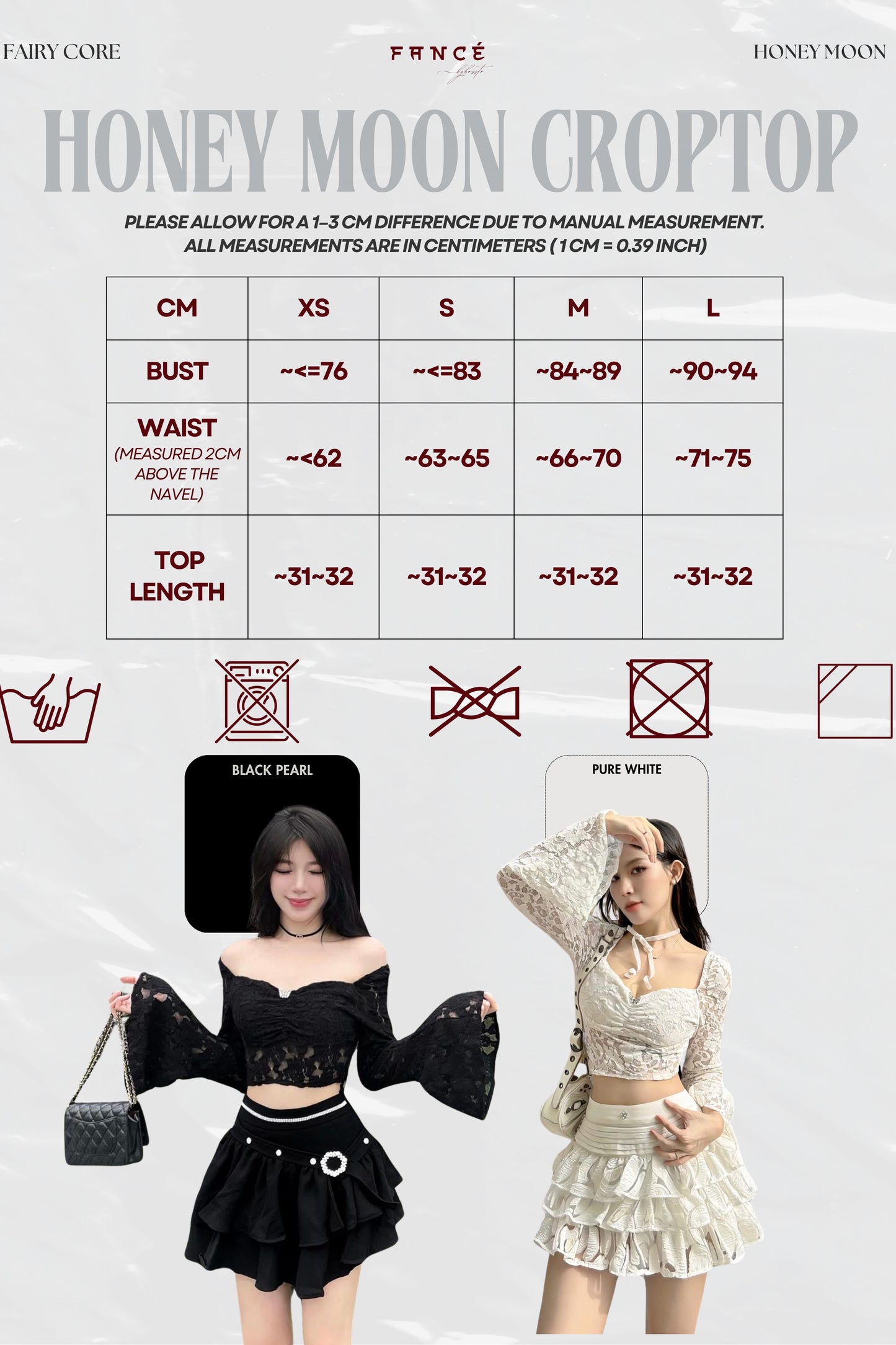 Measurement chart for a 'Honey Moon Croptop' with size guide and two models wearing the top.