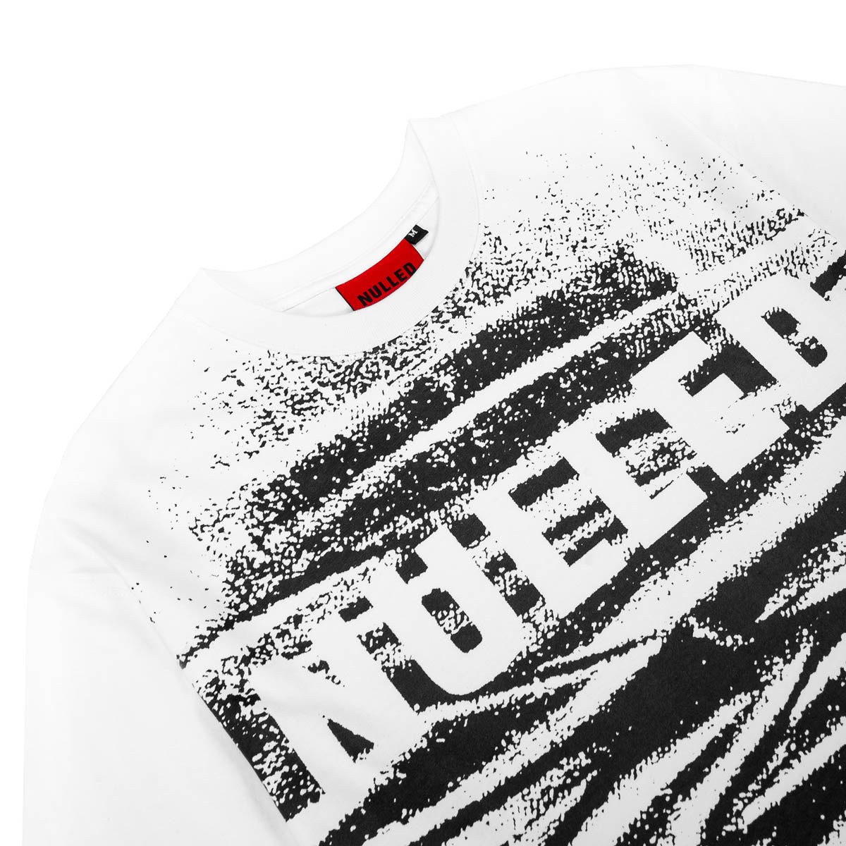 White t-shirt with black text and red label on a white background