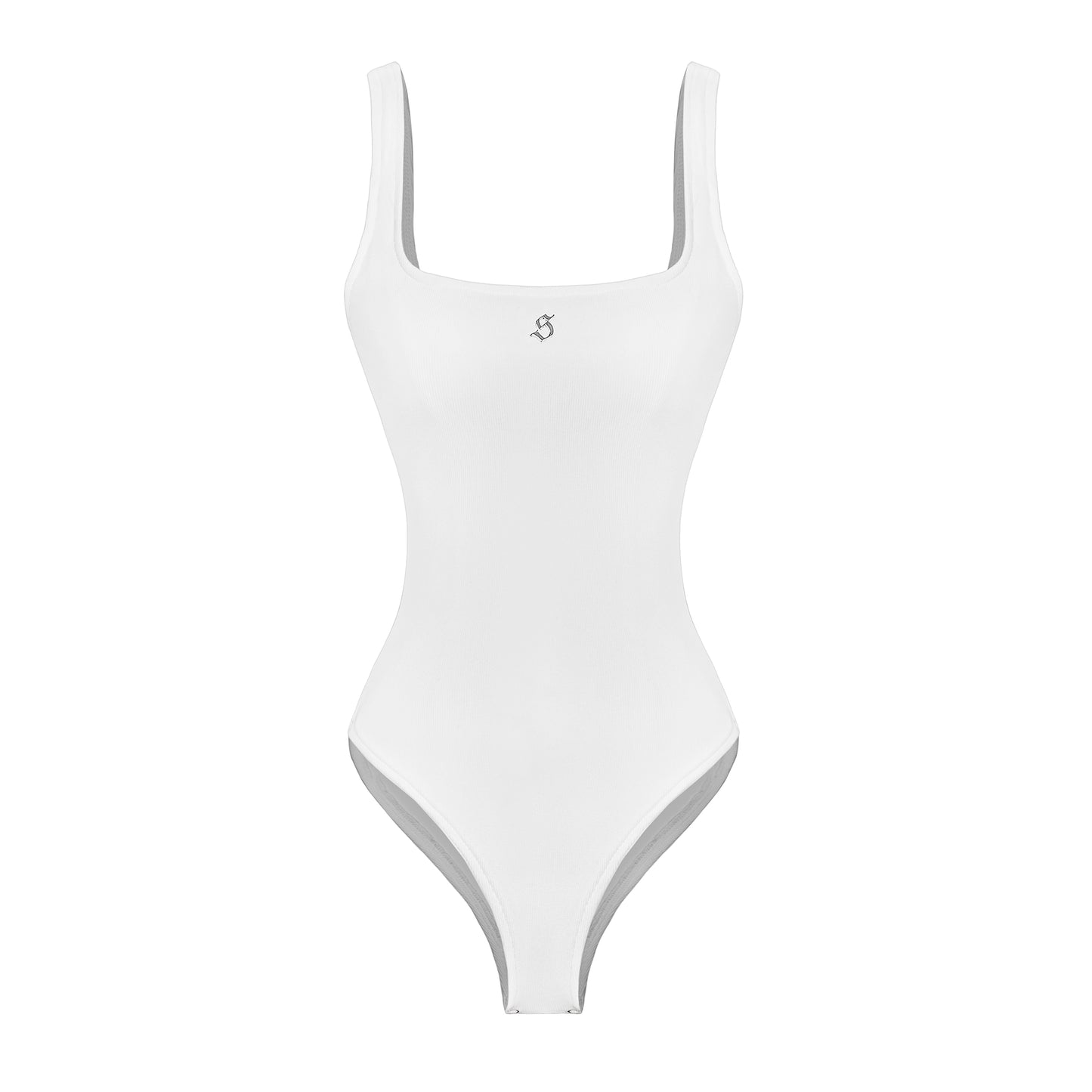 White swimsuit with thin straps on a white background