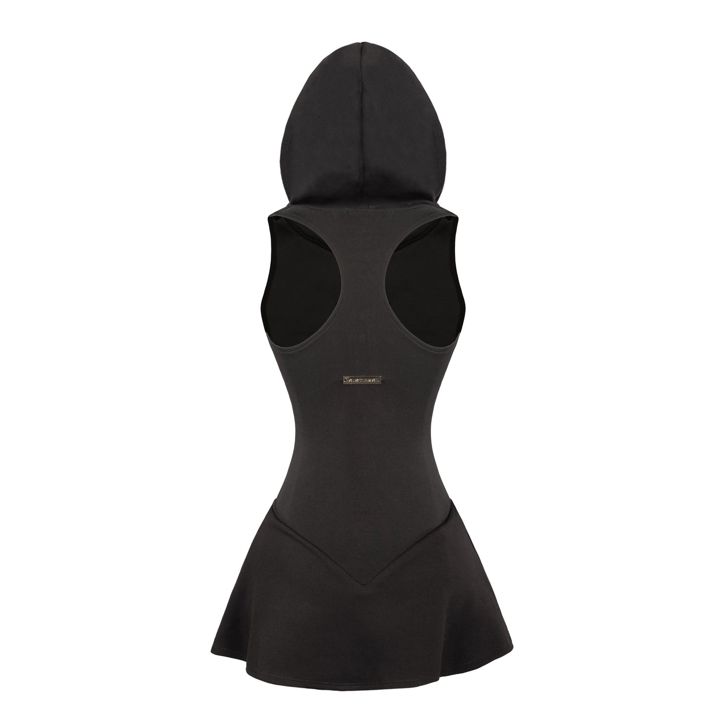 Black sleeveless dress with hood on a white background