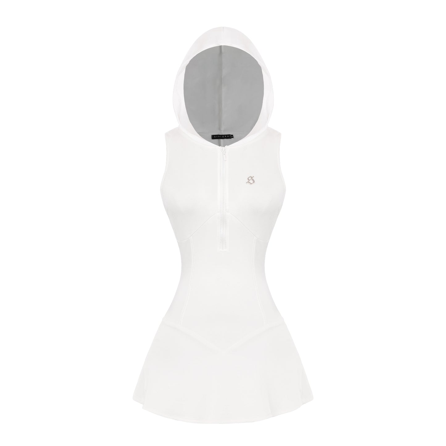 White sleeveless hoodie with a hood on a white background
