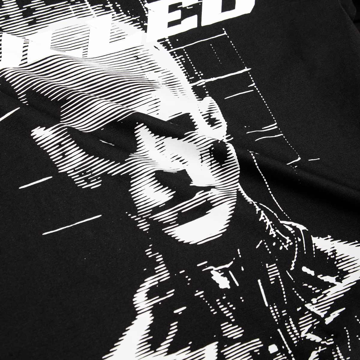 Black t-shirt with white graphic design of a person playing a guitar and the word 'SPEED' on a dark background.