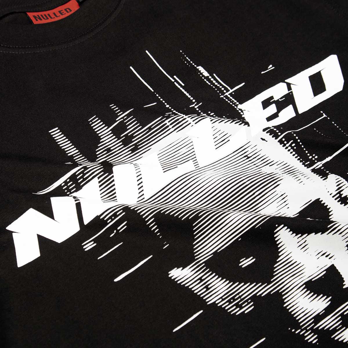 Black t-shirt with white graphic design and 'Mulled' text on a dark background