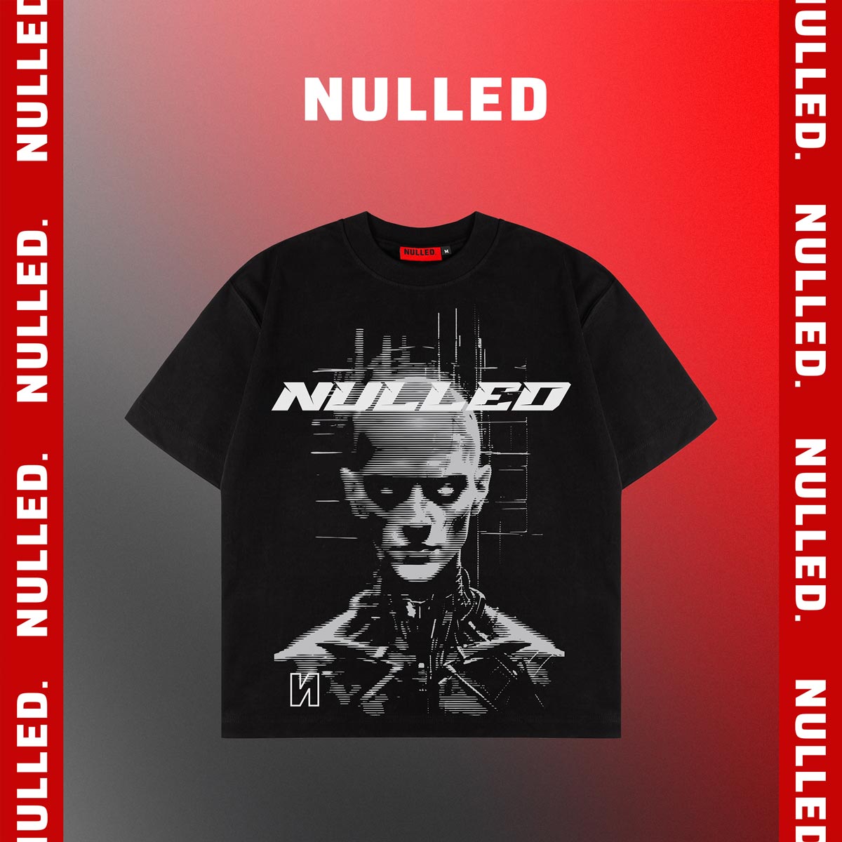 Black t-shirt with a graphic design and 'NULLED' text on a red and gray background