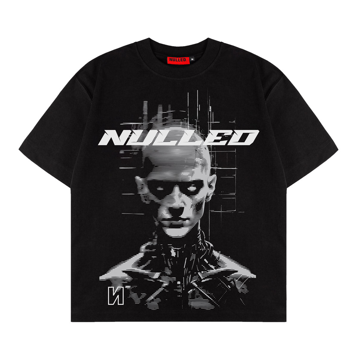 Black t-shirt with a graphic design of a robot and 'NULLED' text on a white background