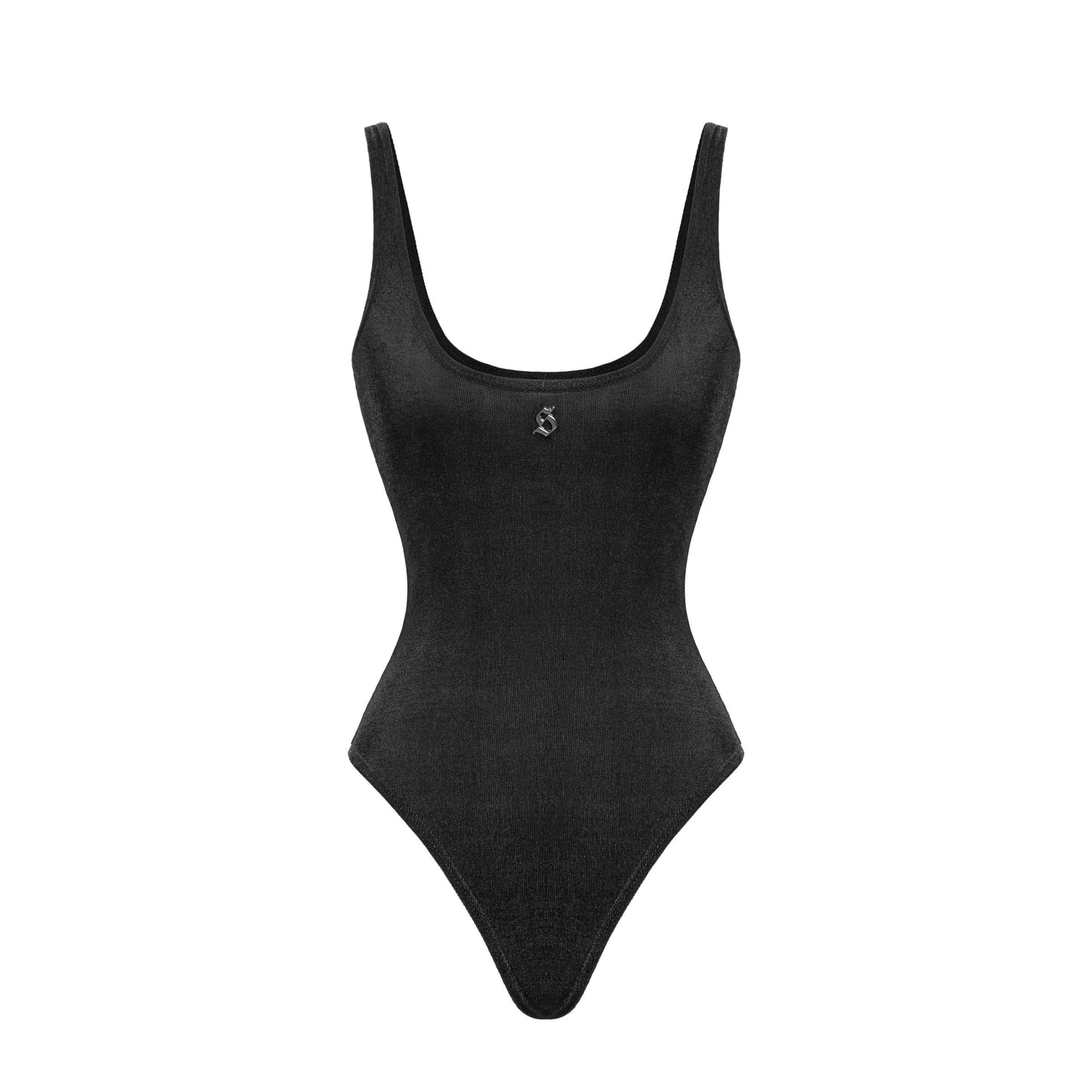 Black swimsuit with a logo on a white background