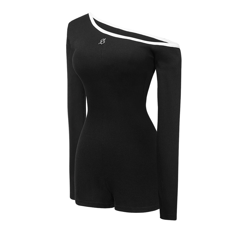 Black long-sleeve top with a unique neckline on a white background