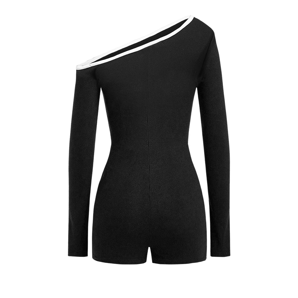 Black one-shoulder dress with white trim on a white background