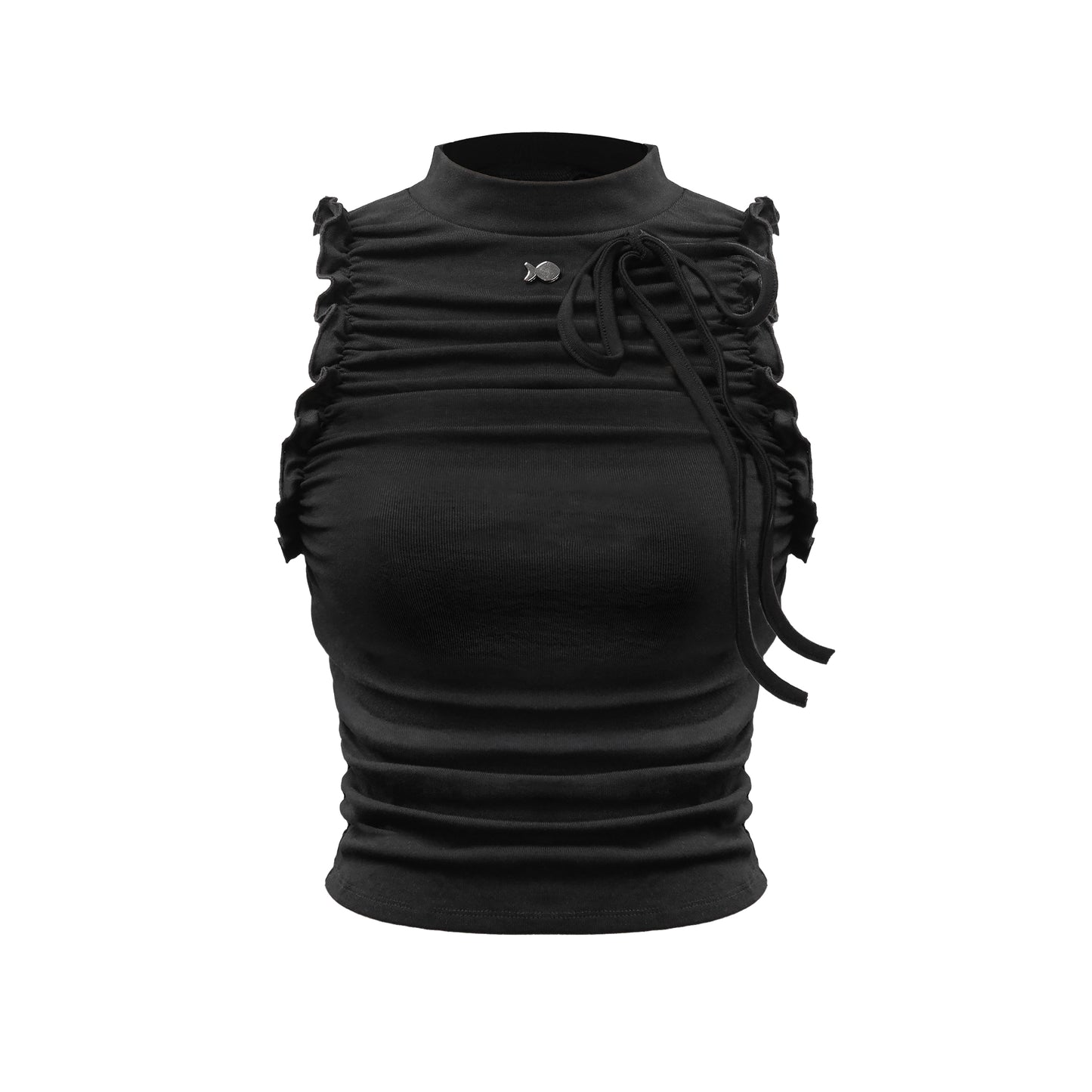 Black sleeveless top with ruched details on a white background