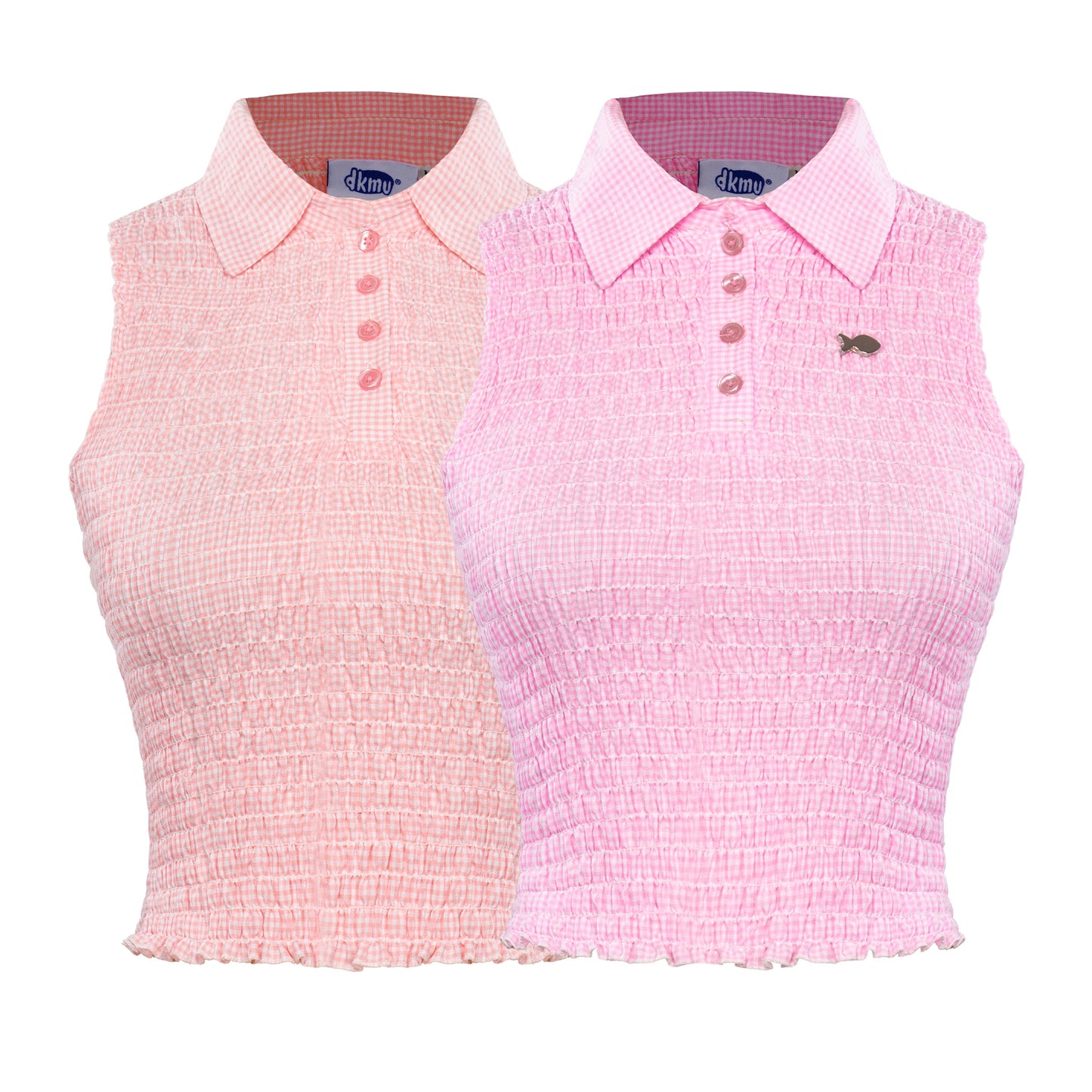 Two pink checkered crop tops with collars on a white background