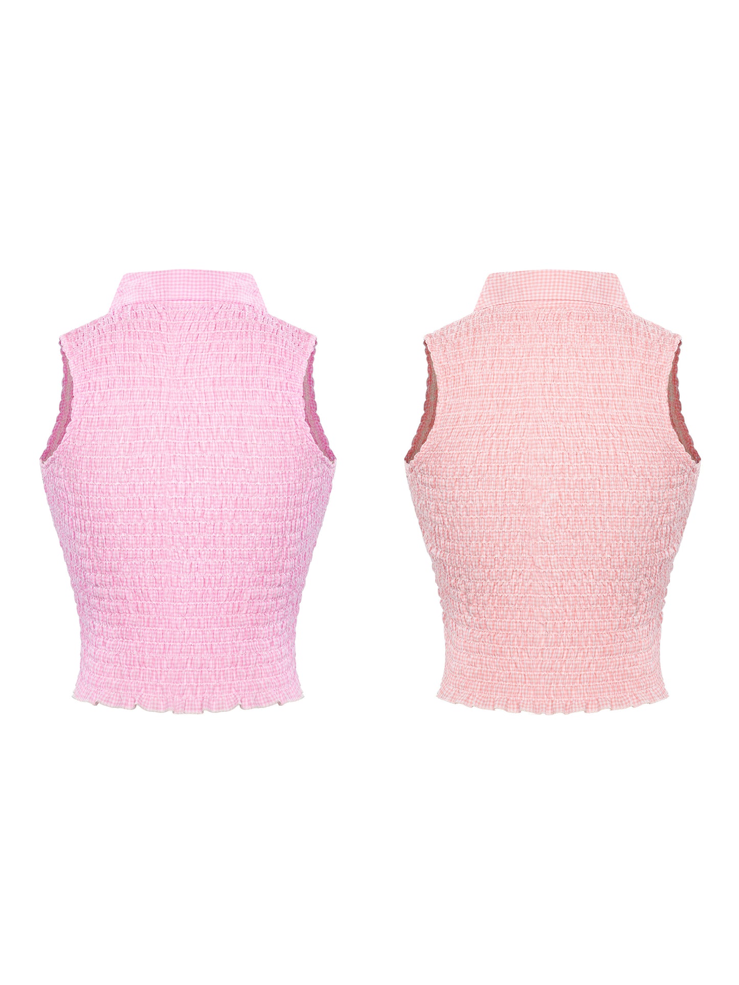 Pink sleeveless crop top shown from front and back on a white background