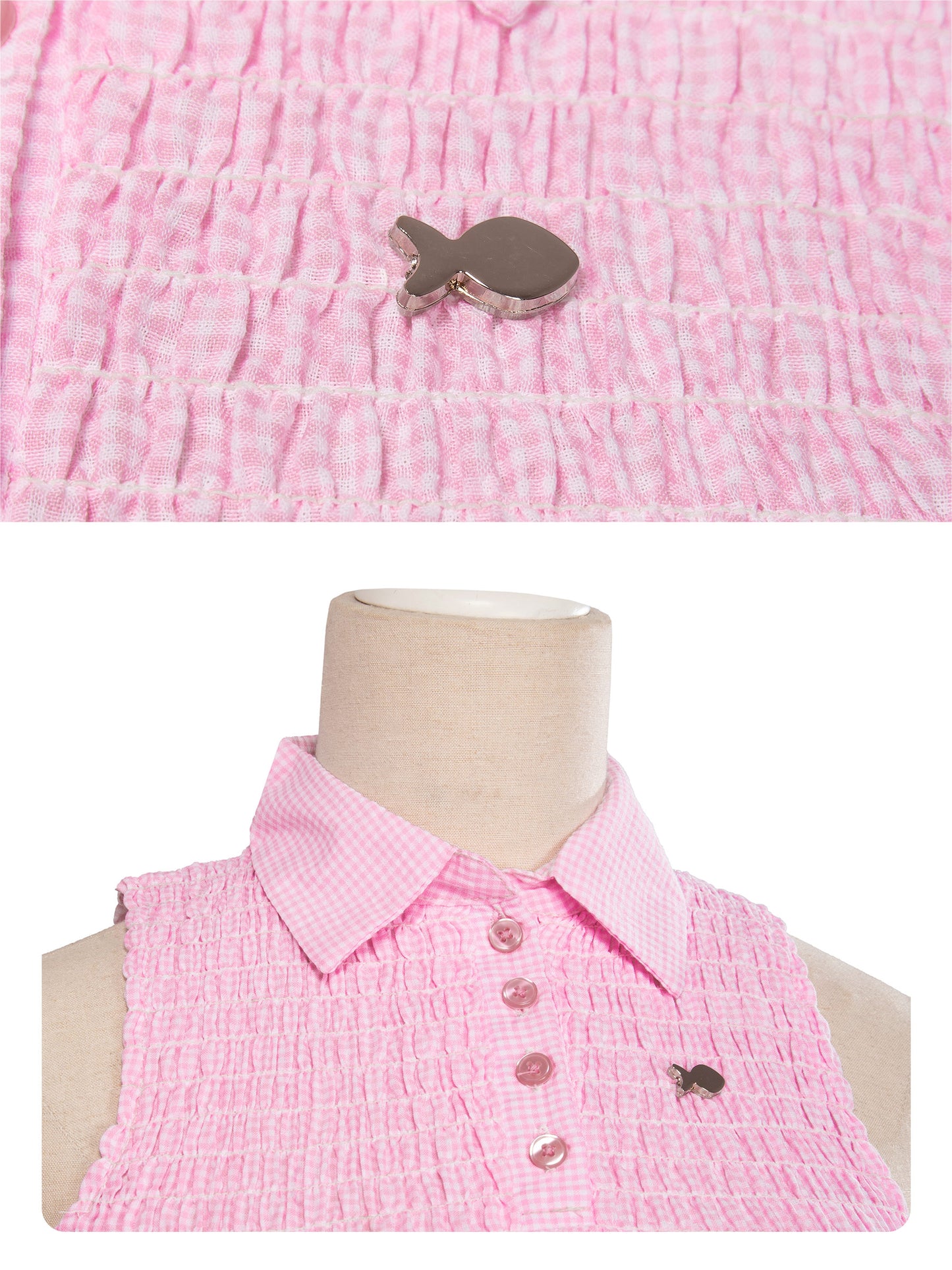 Pink textured shirt on a mannequin with a small decorative item on top