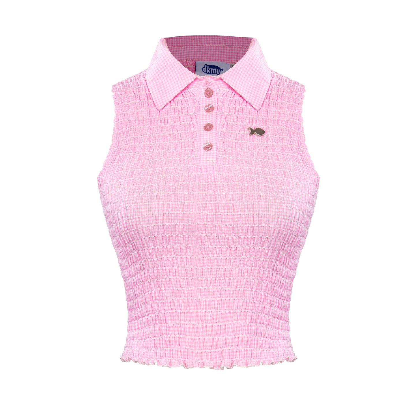 Pink checkered sleeveless top with a small fish design on a white background