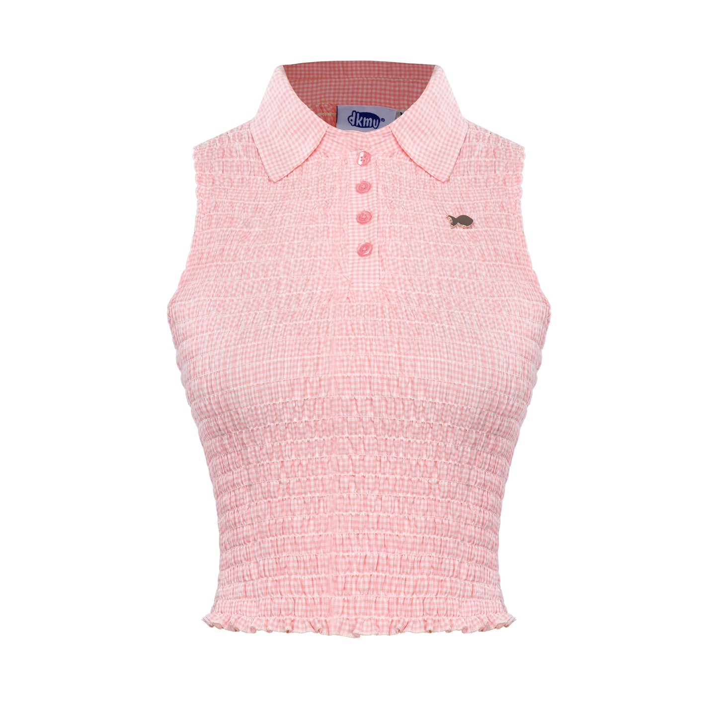 Pink checkered sleeveless top with collar on a white background