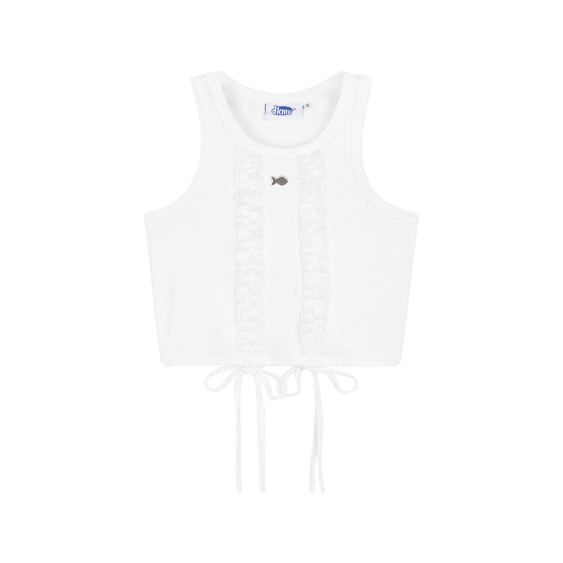 White tank top with a small logo on a white background