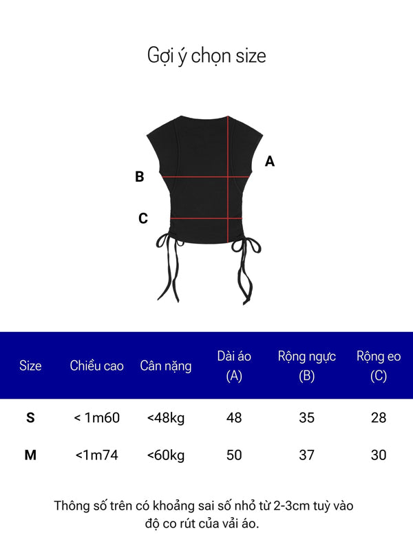 Size chart for a black top with measurements on a white background