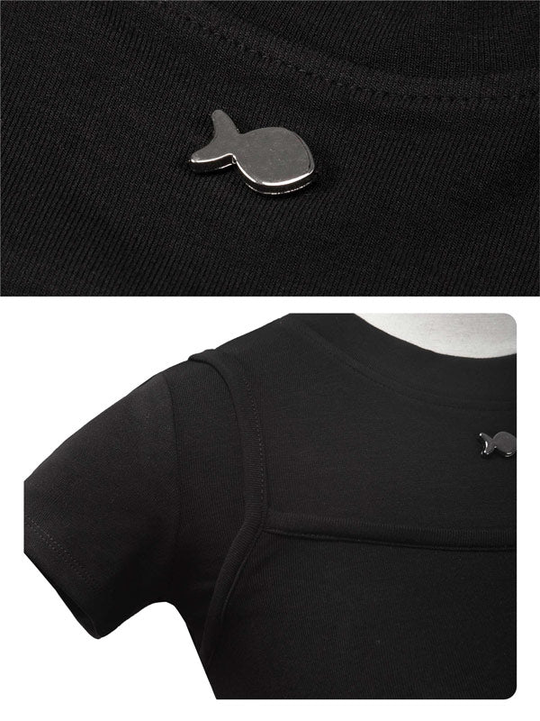 Black shirt with a small logo on the chest and sleeve