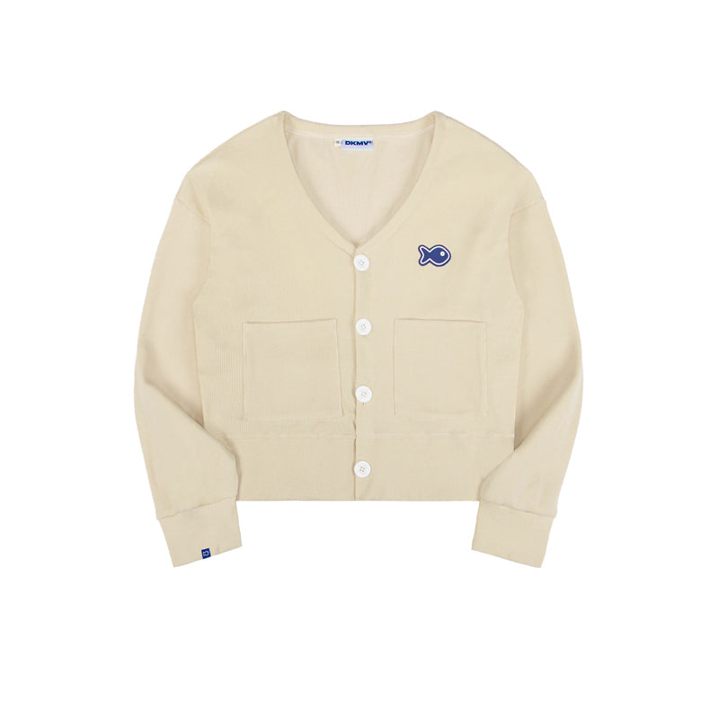 Beige cardigan with a logo on a white background