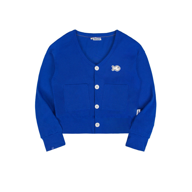 Blue cardigan with a logo on a white background