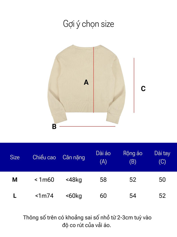 Beige sweater with size chart measurements on a white background