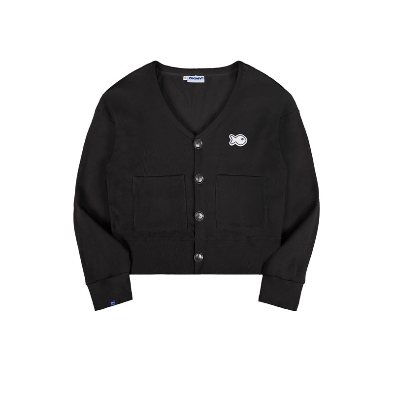 Black cardigan with a small logo on a white background