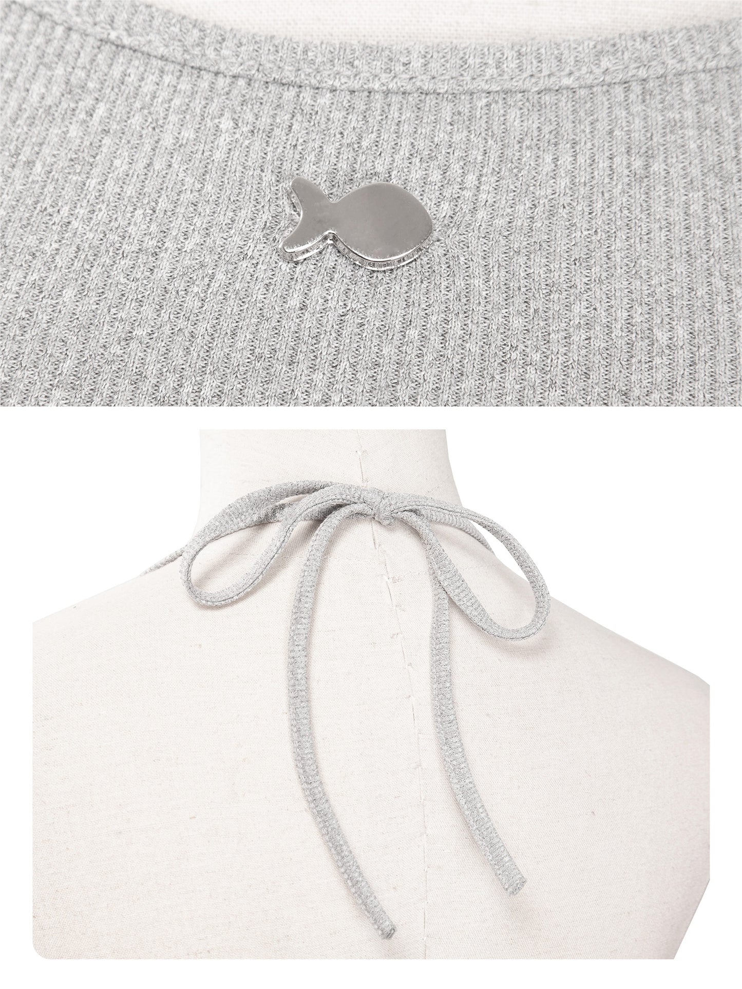 Gray knit top with a small logo on a white background